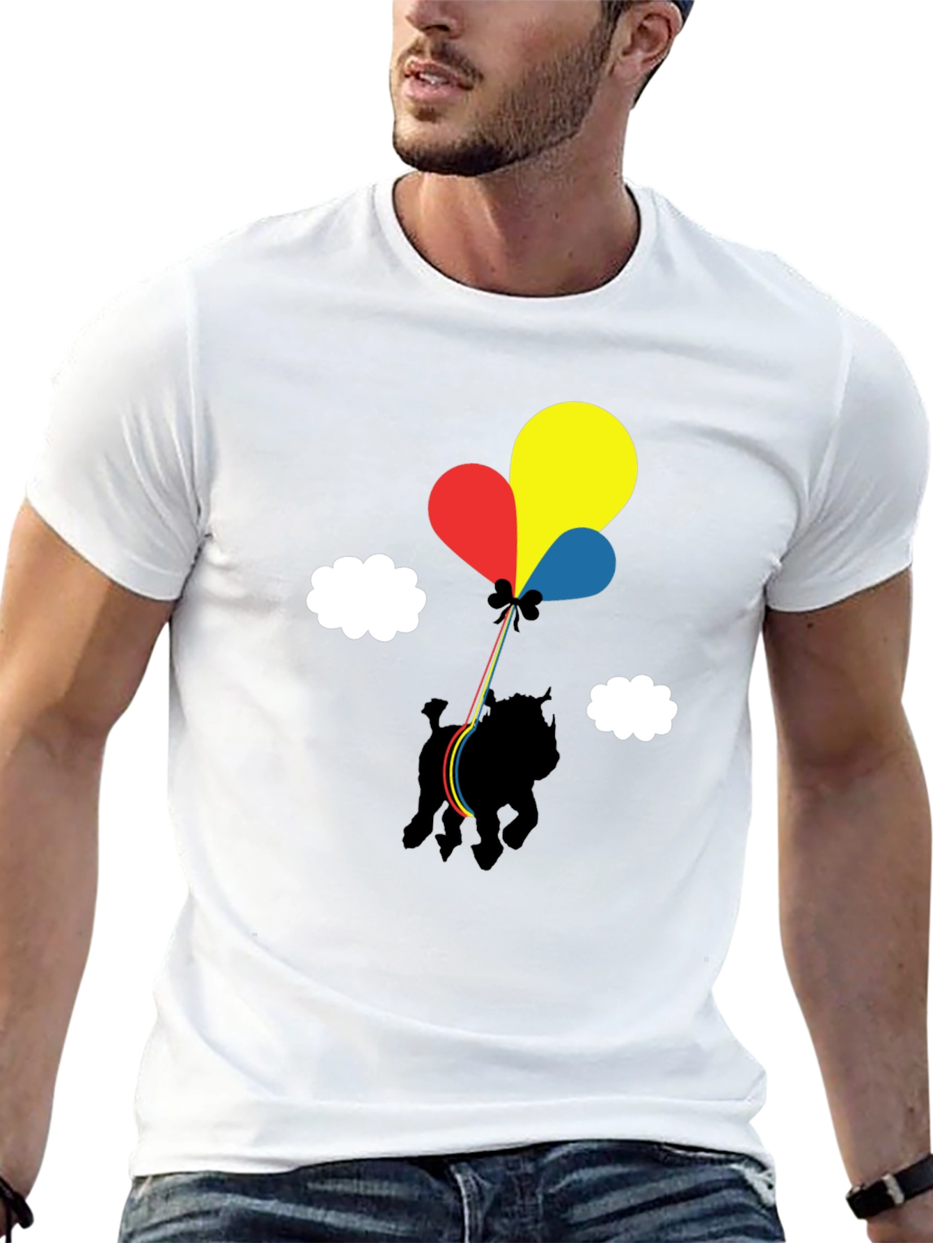 Dog with Balloons Graphic Tee - Casual Black T-Shirt