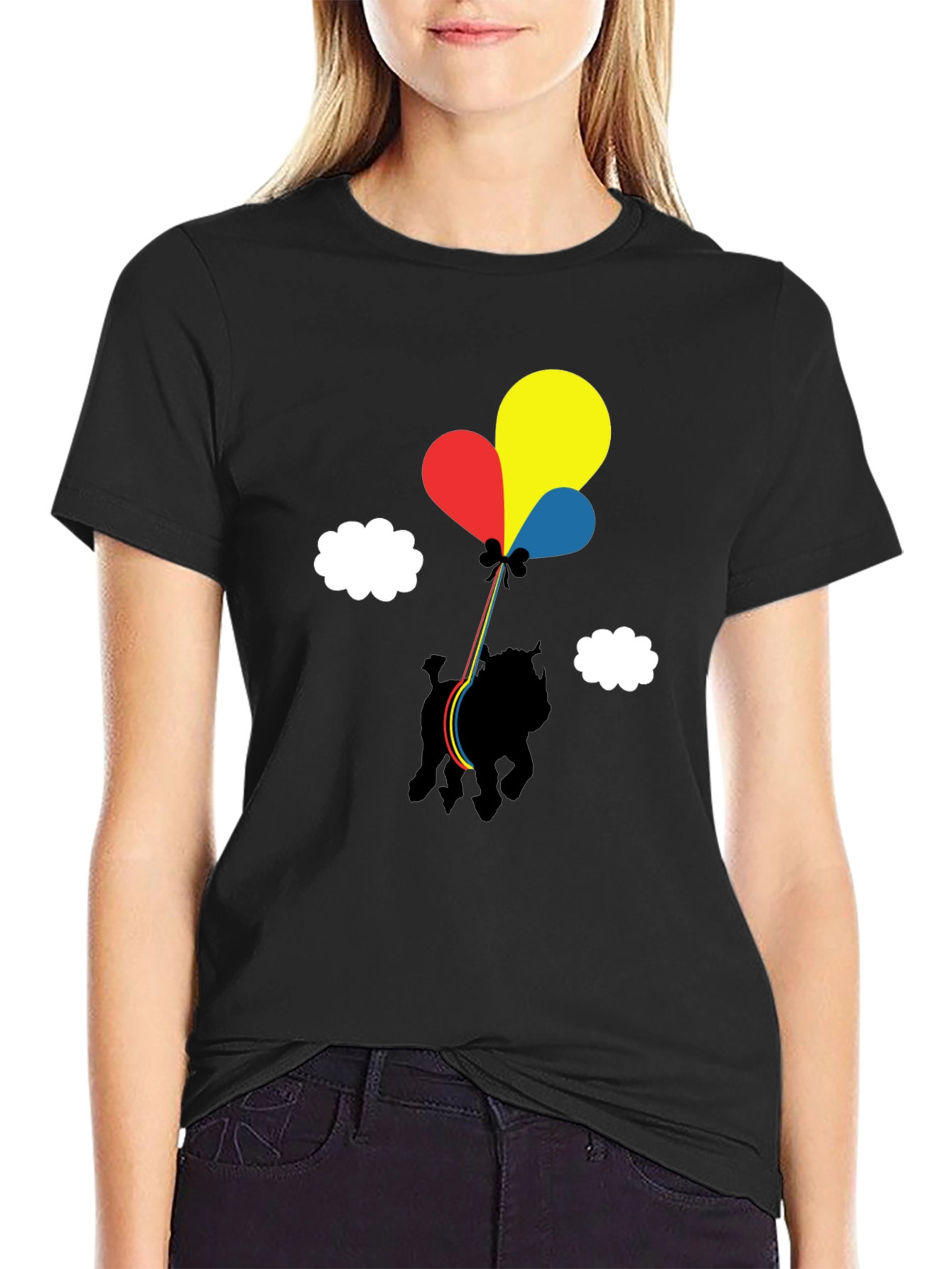 Dog with Balloons Graphic Tee - Casual Black T-Shirt
