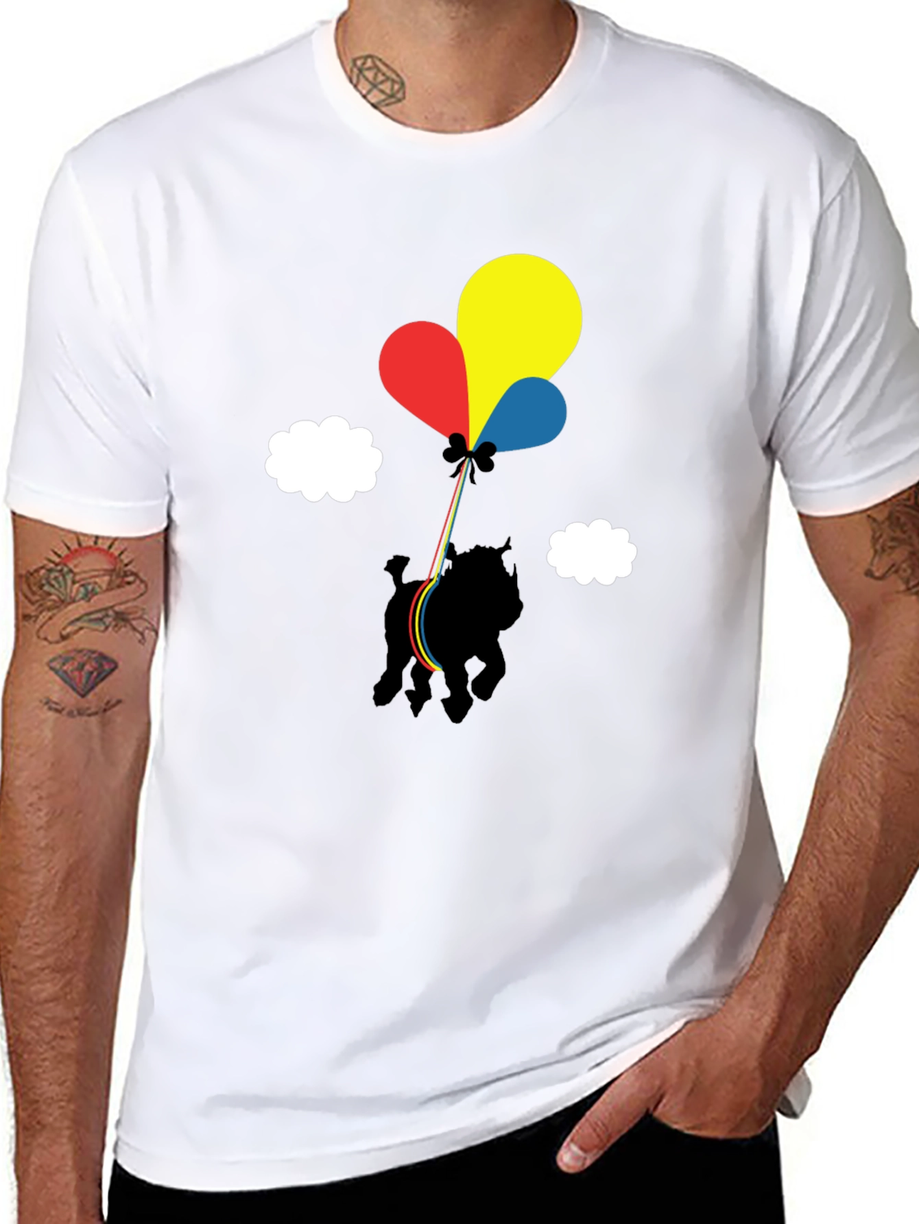 Dog with Balloons Graphic Tee - Casual Black T-Shirt