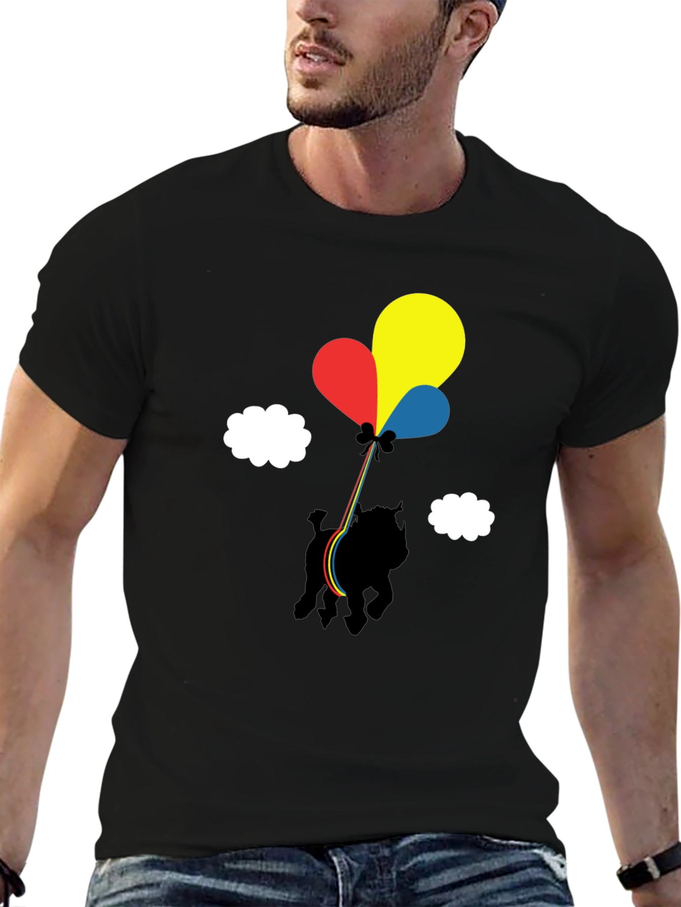 Dog with Balloons Graphic Tee - Casual Black T-Shirt