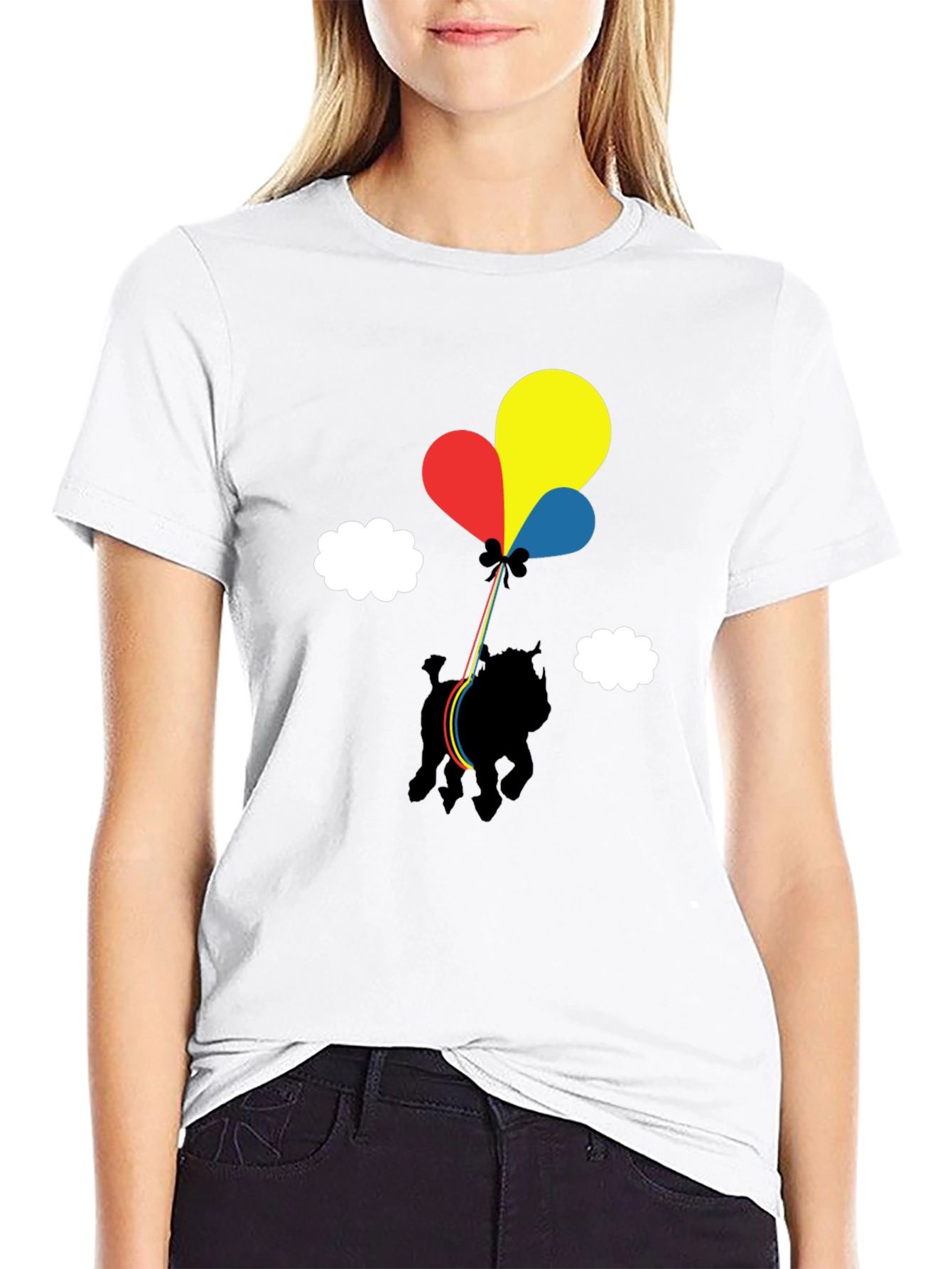 Dog with Balloons Graphic Tee - Casual Black T-Shirt