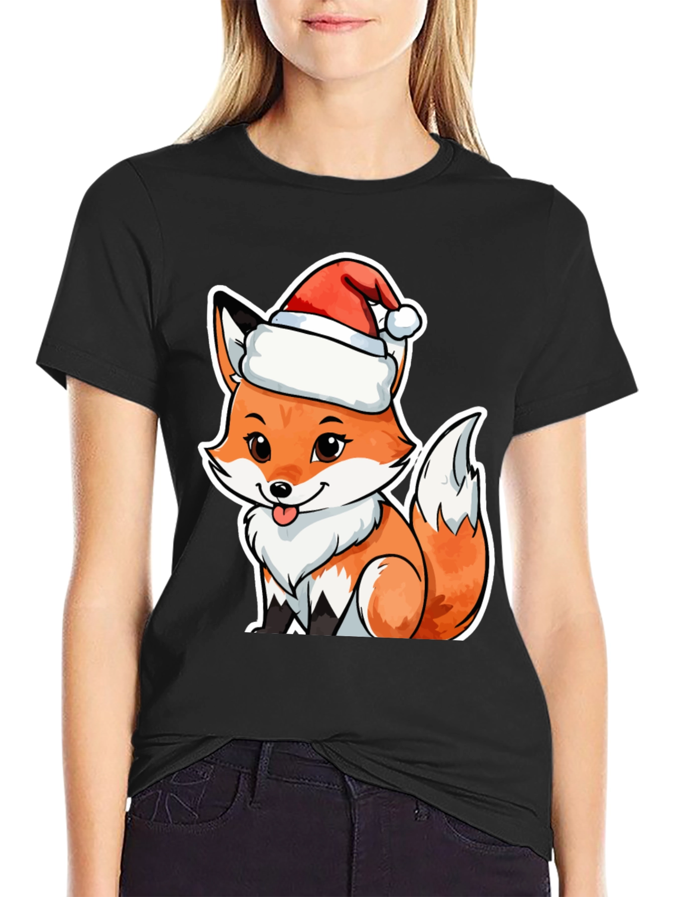 Cute Fox in Santa Hat Graphic Tee
