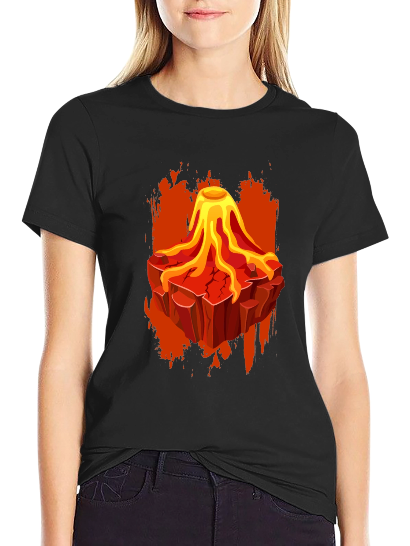Volcano Lava Graphic Print Black T-Shirt