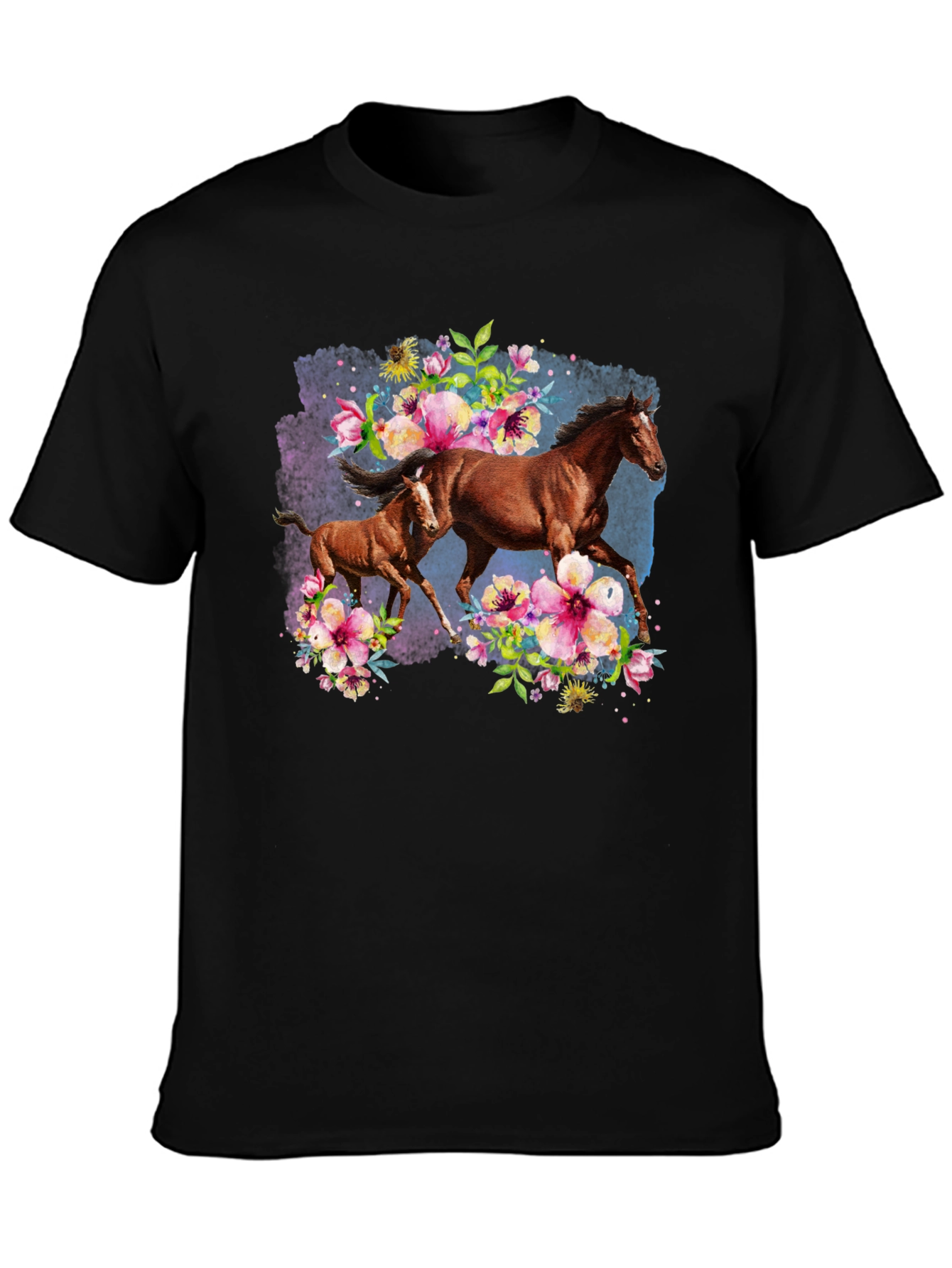 Horse & Floral Black T-Shirt