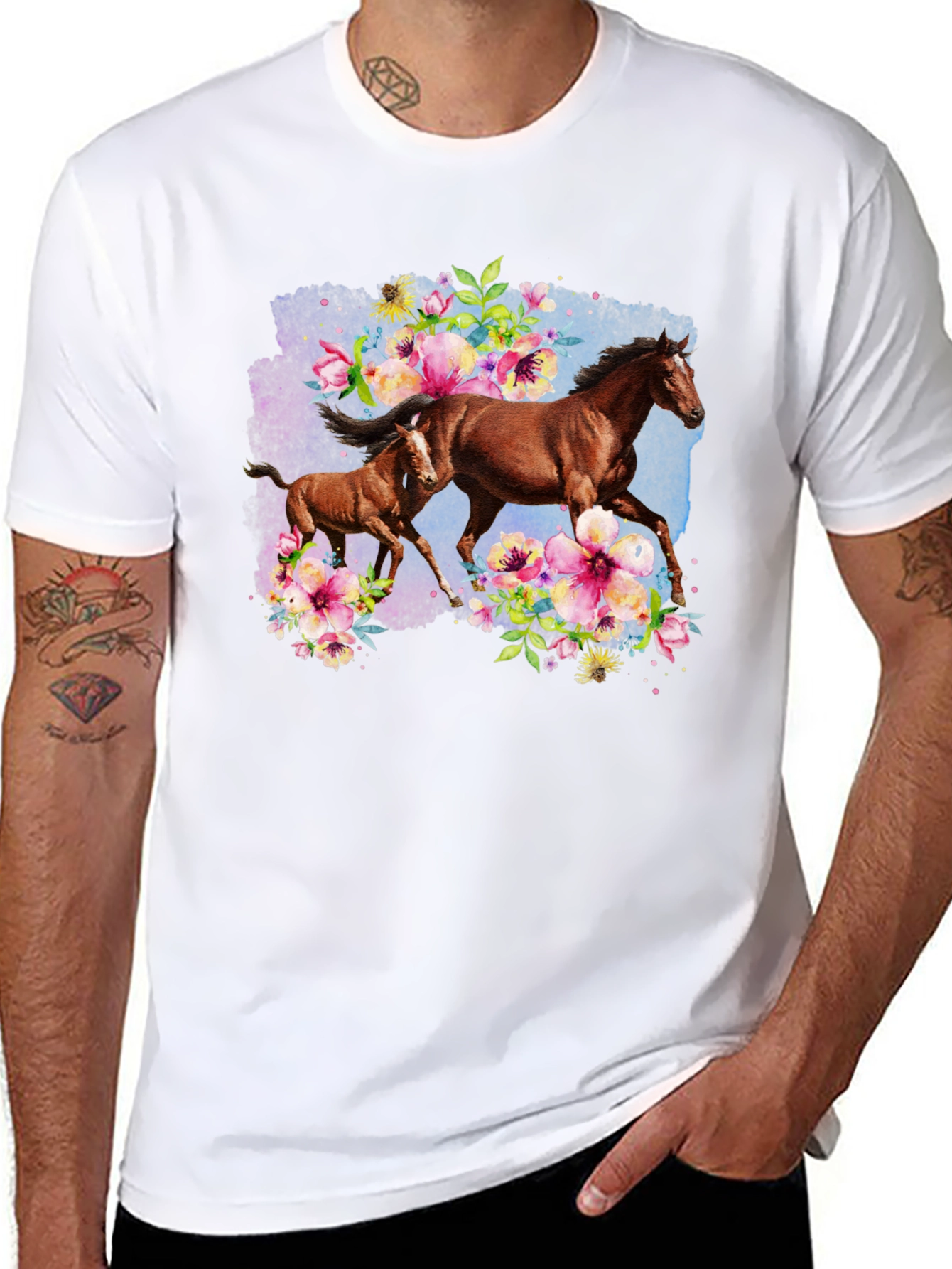Horse & Floral Black T-Shirt