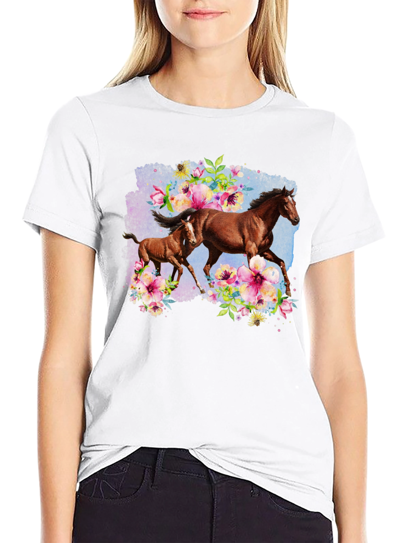 Horse & Floral Black T-Shirt
