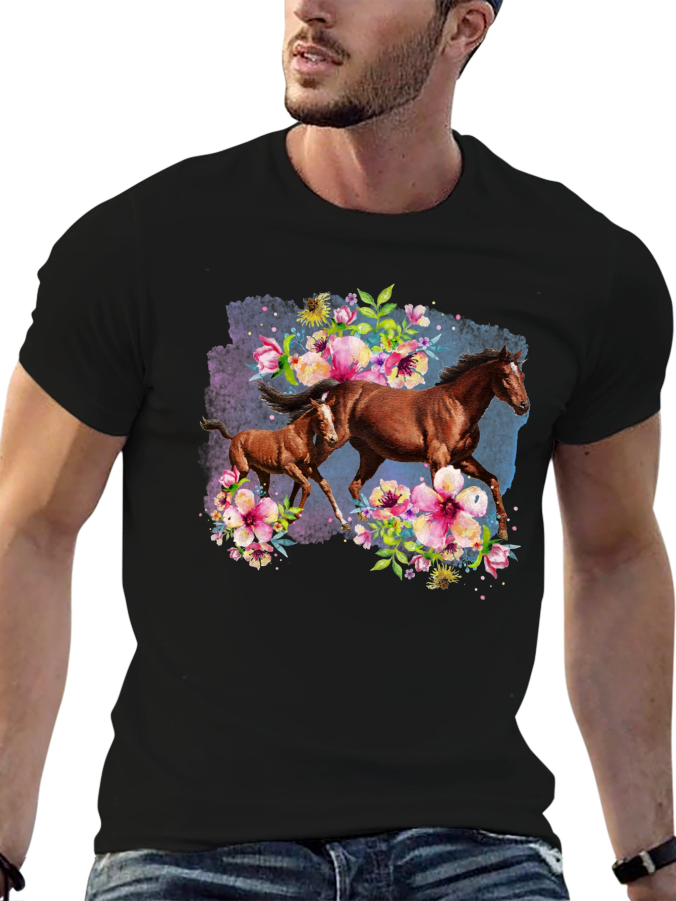 Horse & Floral Black T-Shirt
