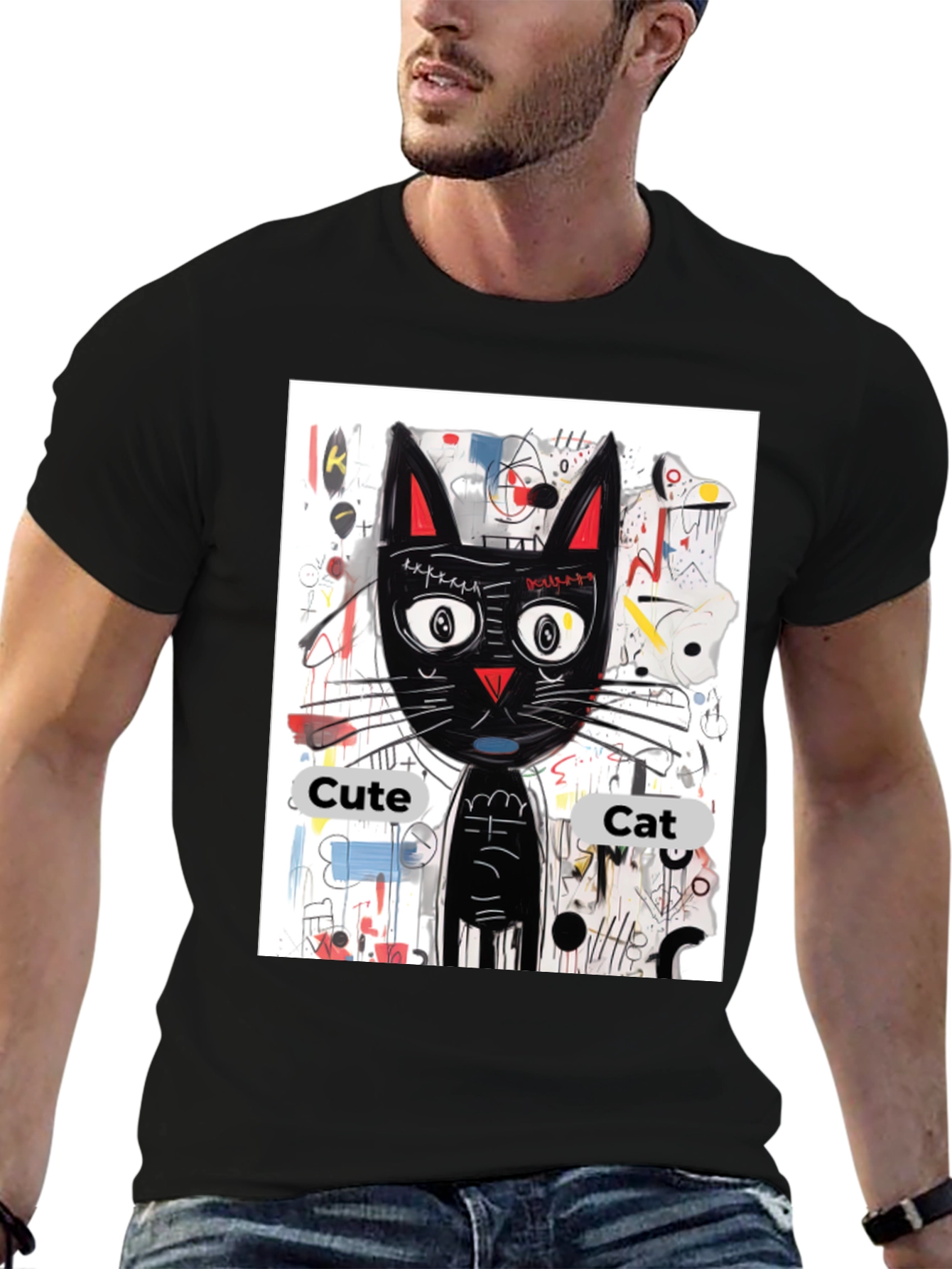 Cool Cat Graphic Tee - Artistic Black Cat Shirt