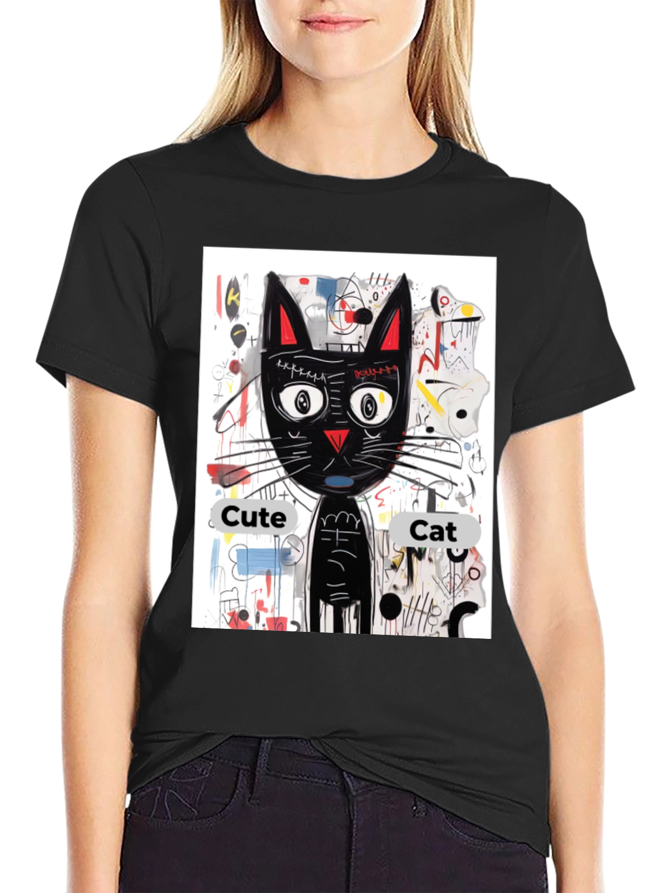 Cool Cat Graphic Tee - Artistic Black Cat Shirt