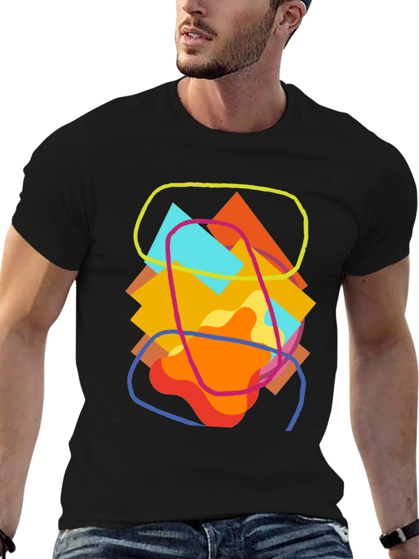 Abstract Geometric Art Tee - Casual Black T-Shirt