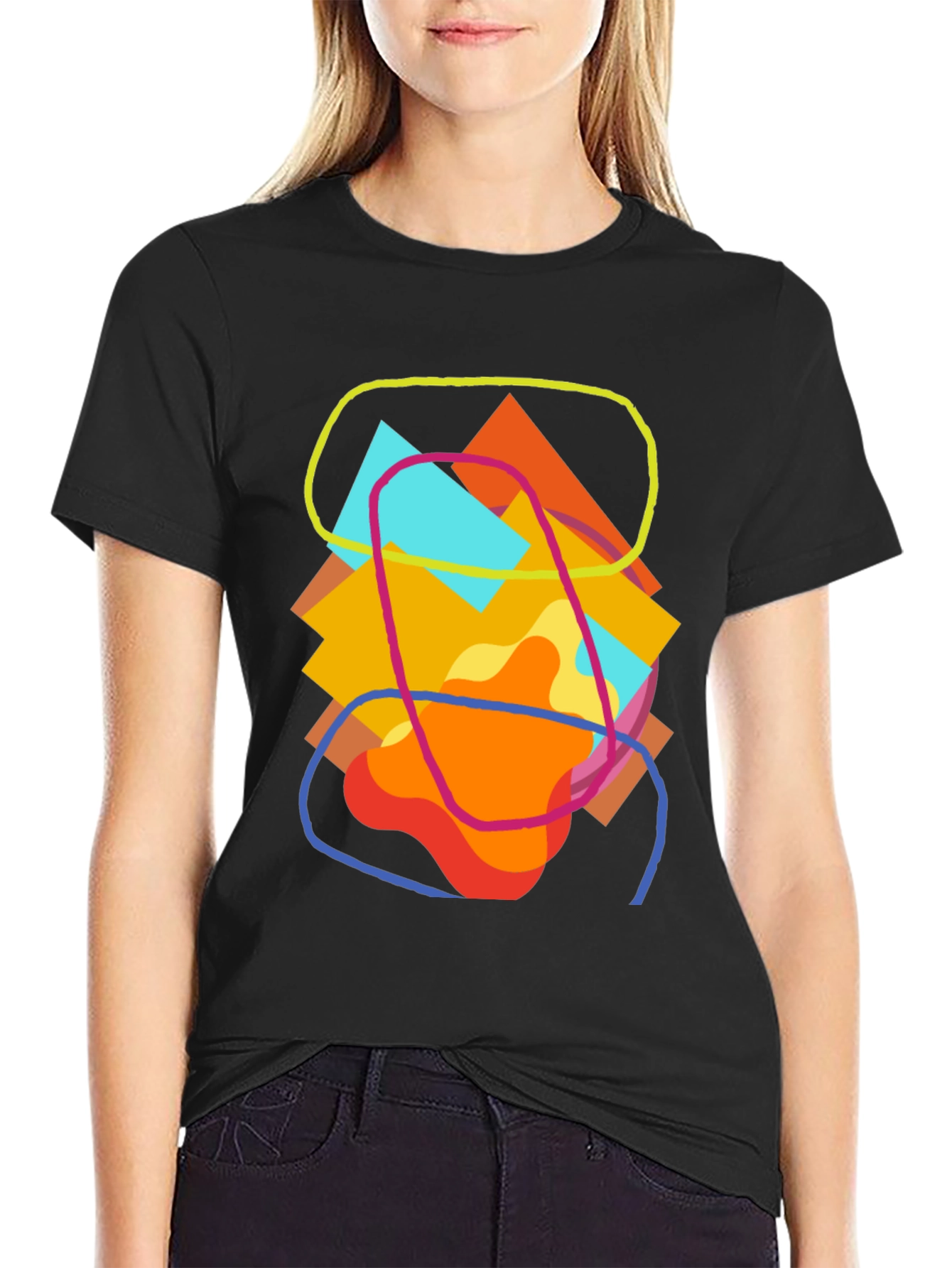 Abstract Geometric Art Tee - Casual Black T-Shirt