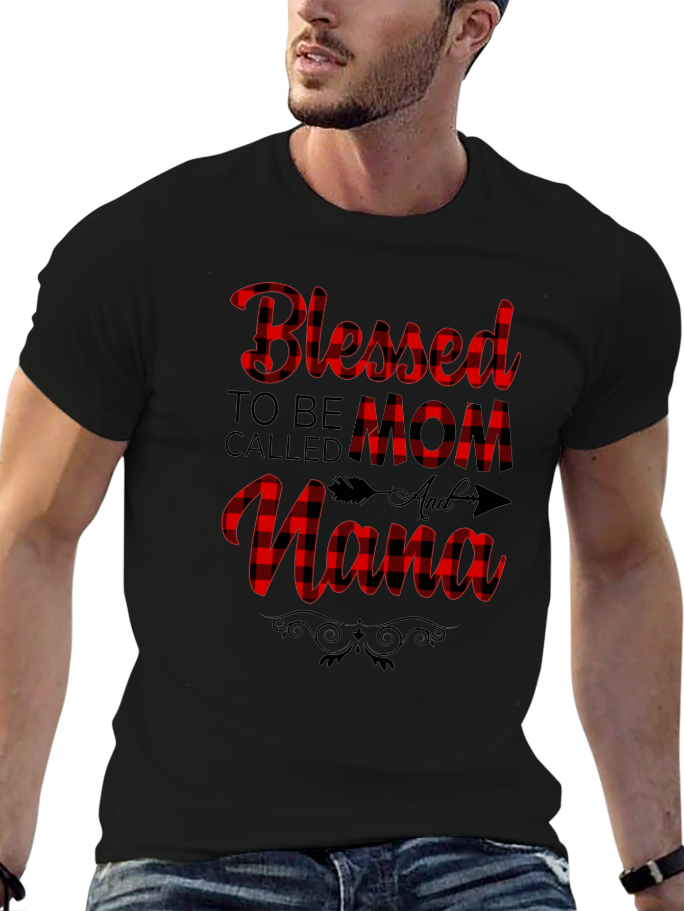 Blessed Mom & Nana Plaid Graphic Tee - Black