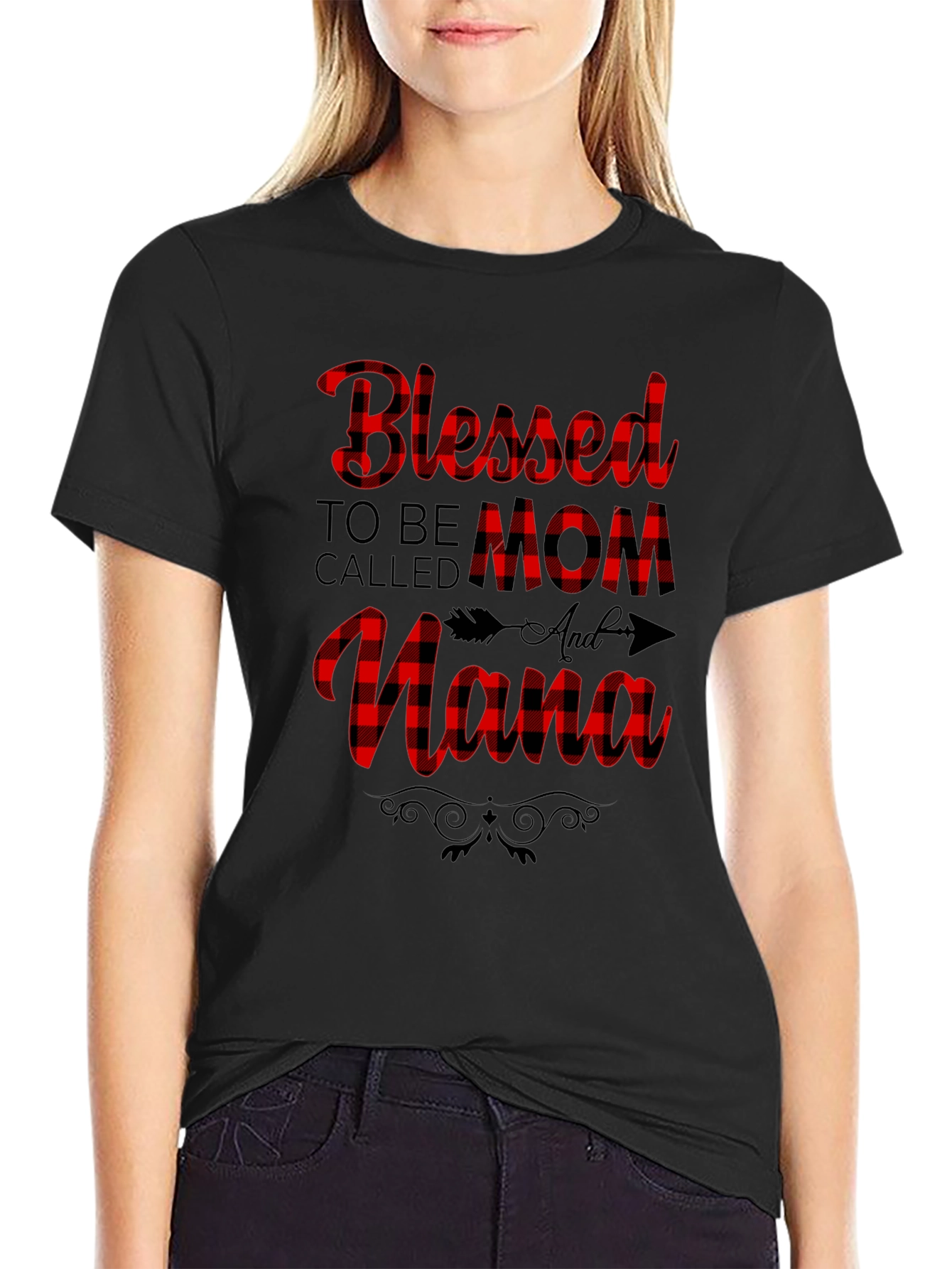 Blessed Mom & Nana Plaid Graphic Tee - Black