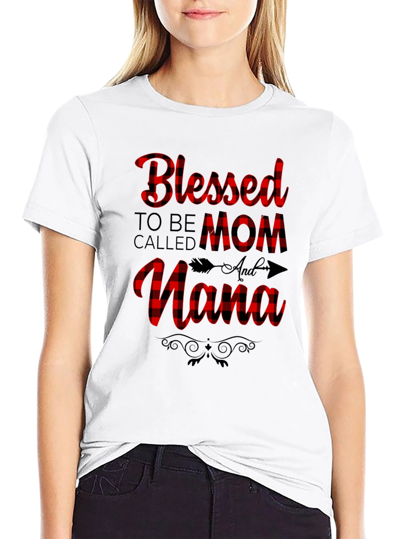 Blessed Mom & Nana Plaid Graphic Tee - Black