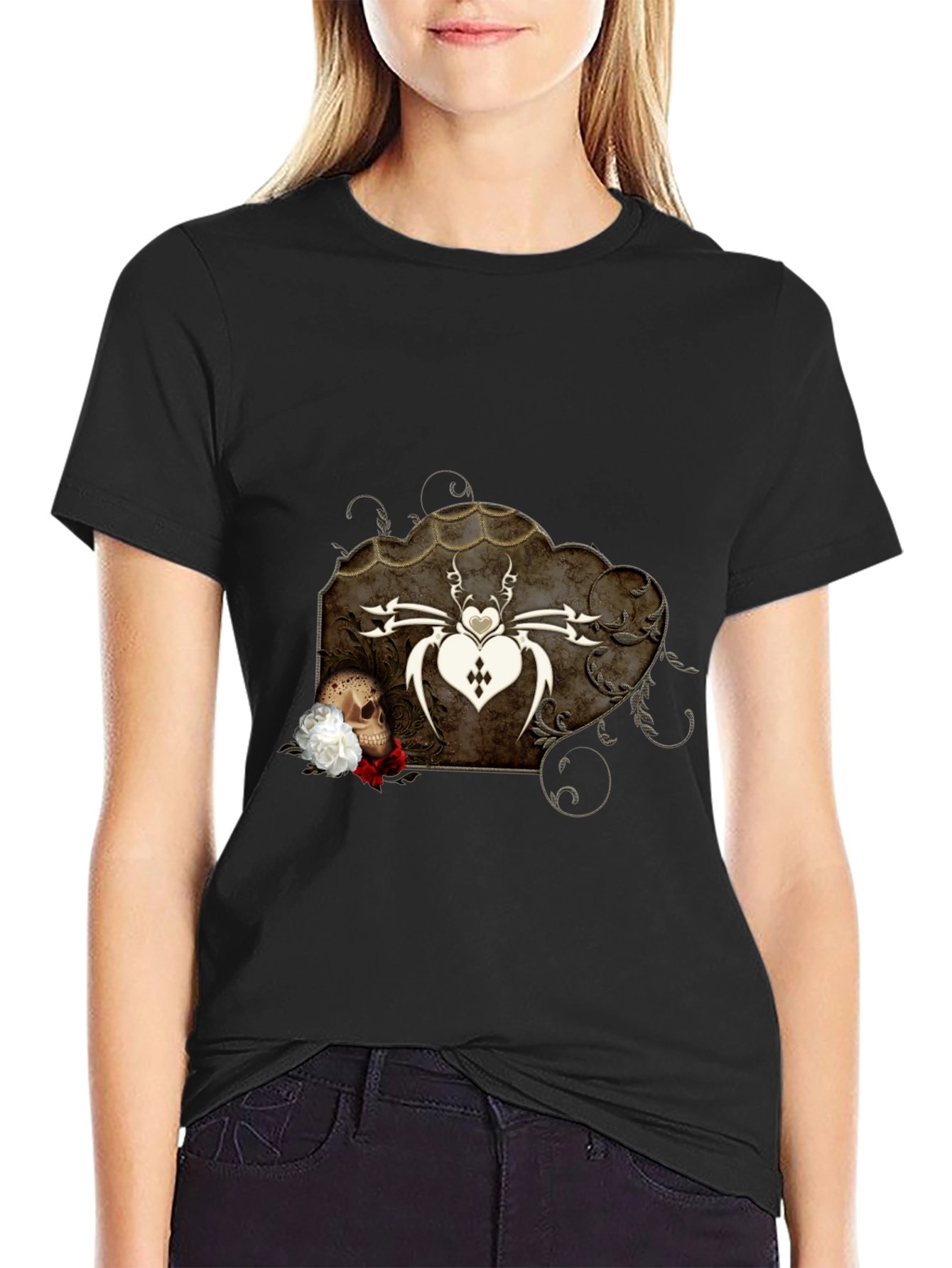 Gothic Spider Heart Skull Graphic Tee