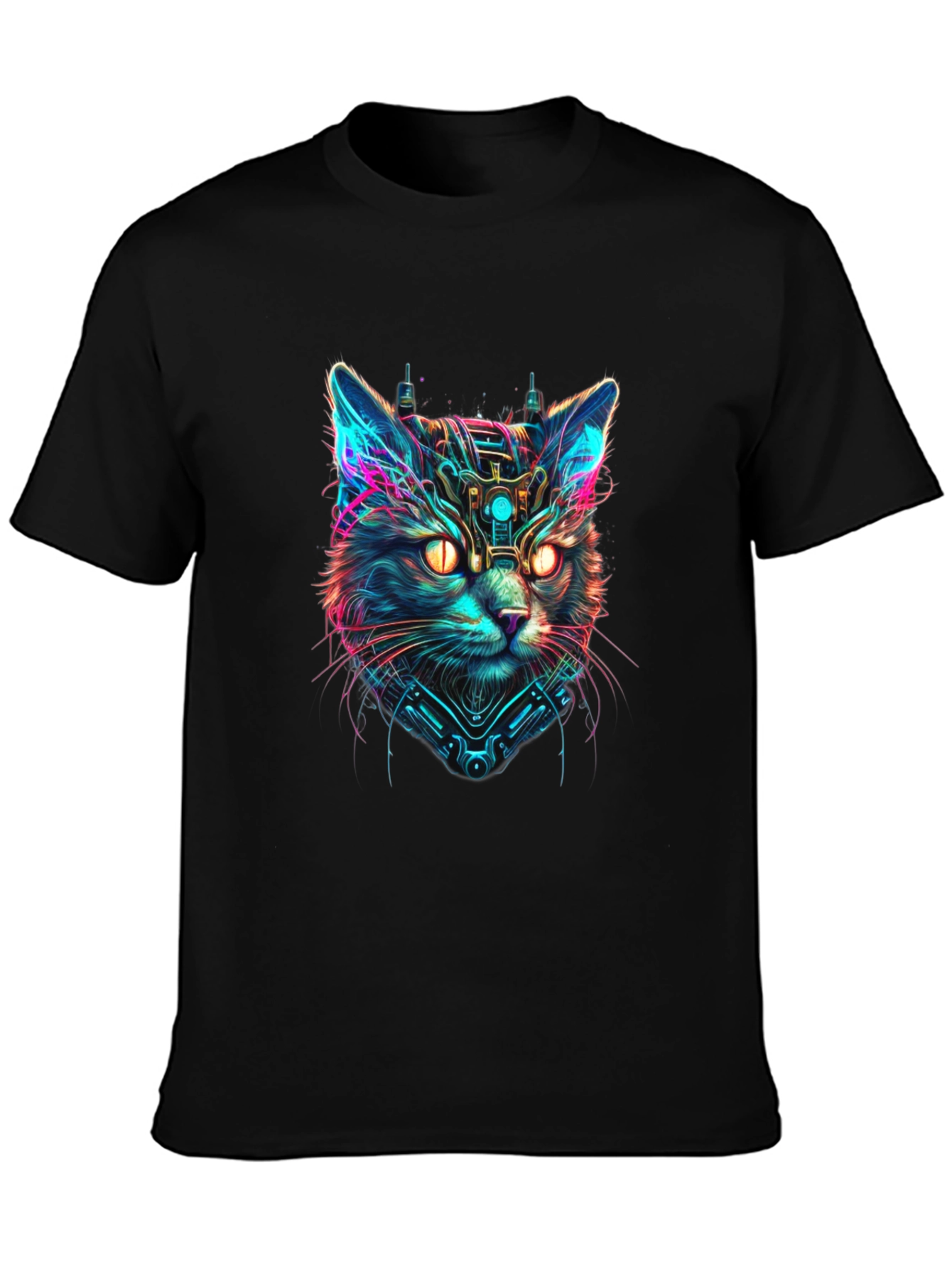 Cyberpunk Cat Graphic Black T-Shirt