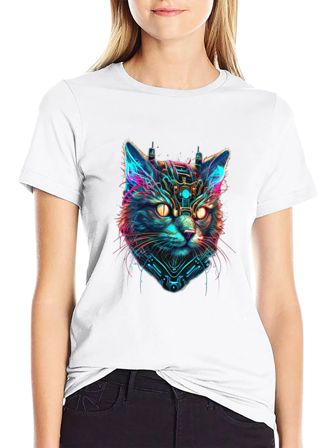 Cyberpunk Cat Graphic Black T-Shirt