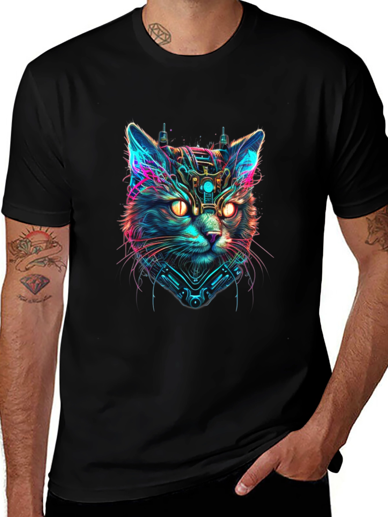Cyberpunk Cat Graphic Black T-Shirt