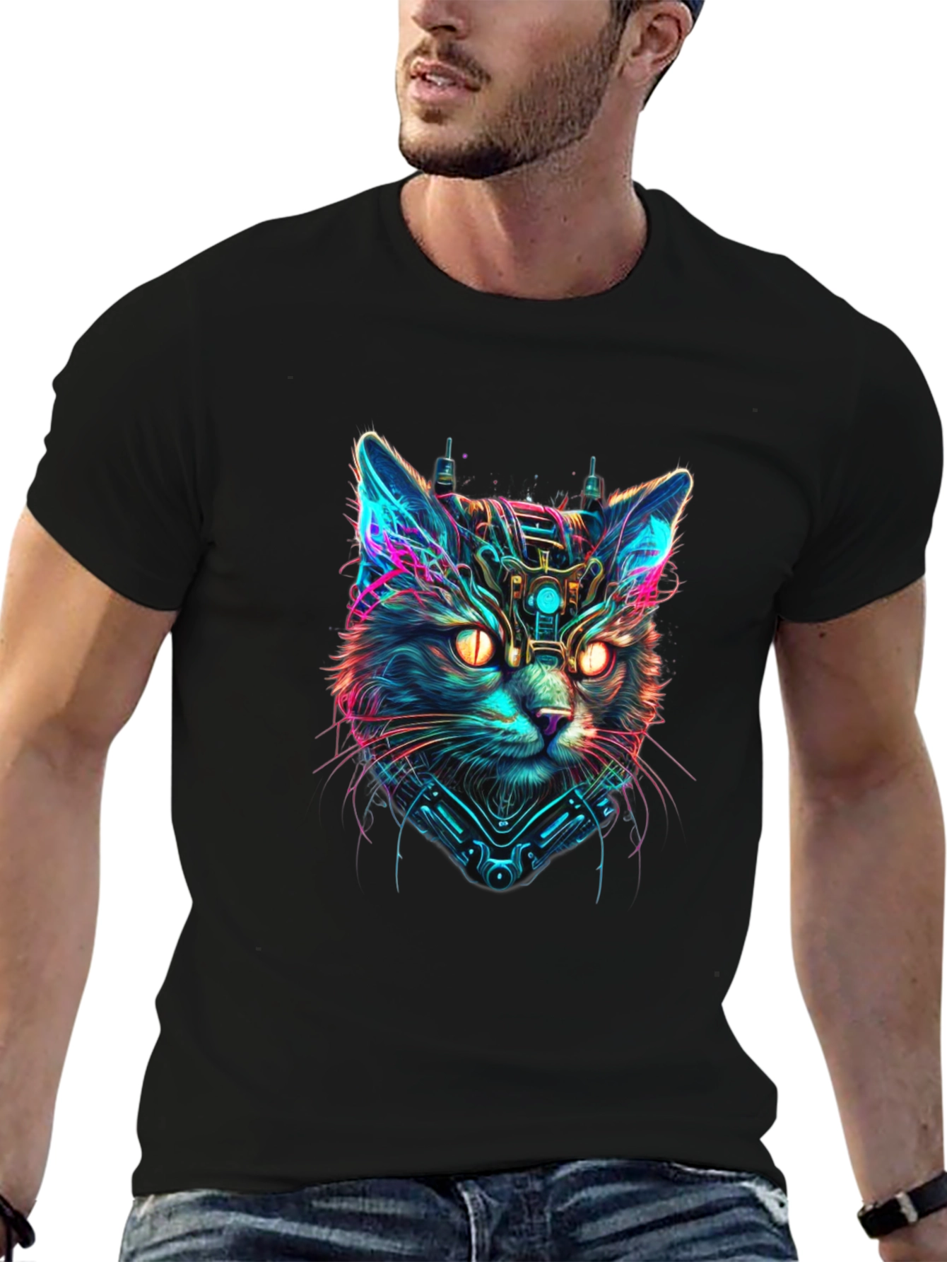 Cyberpunk Cat Graphic Black T-Shirt