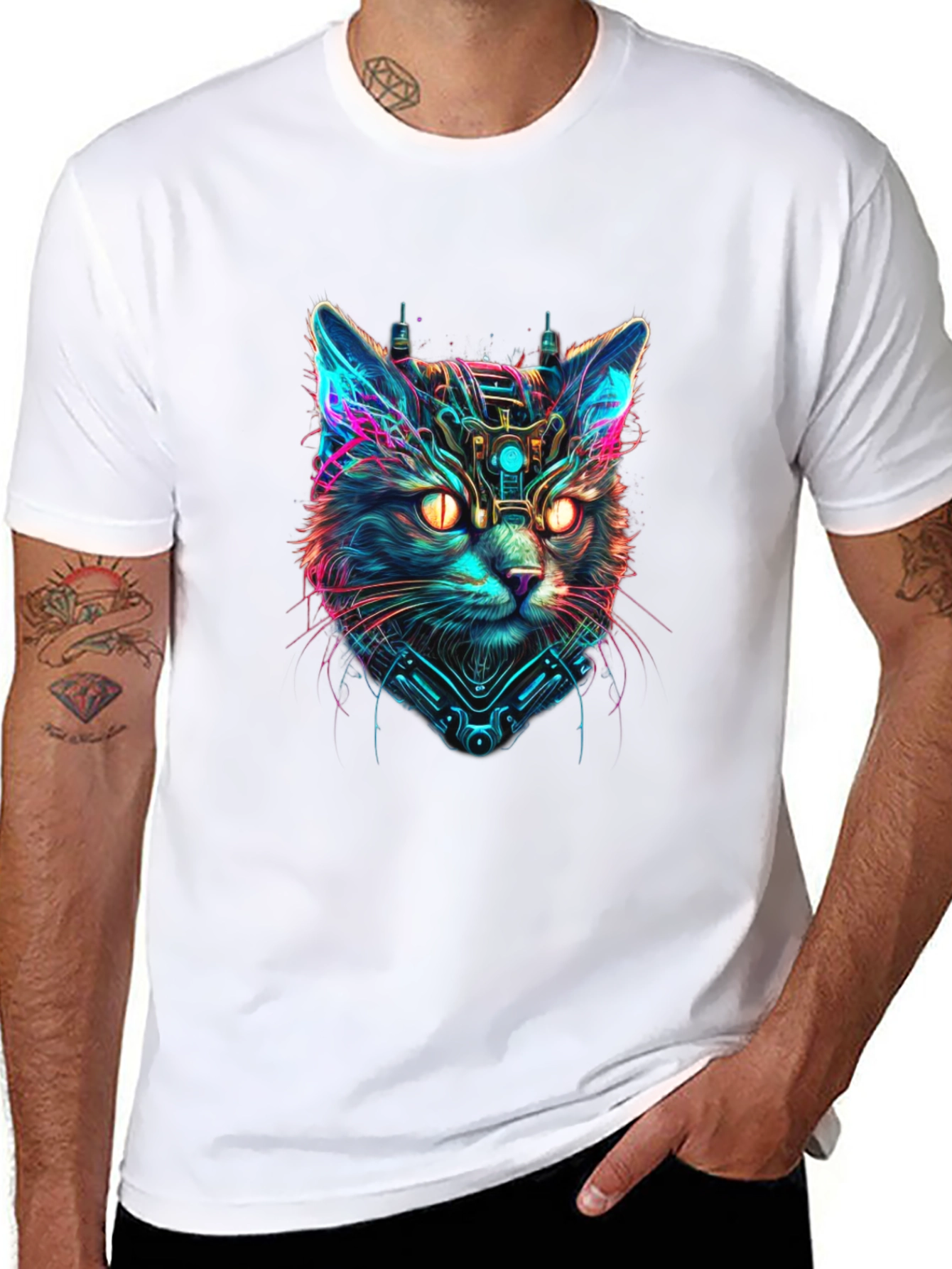 Cyberpunk Cat Graphic Black T-Shirt