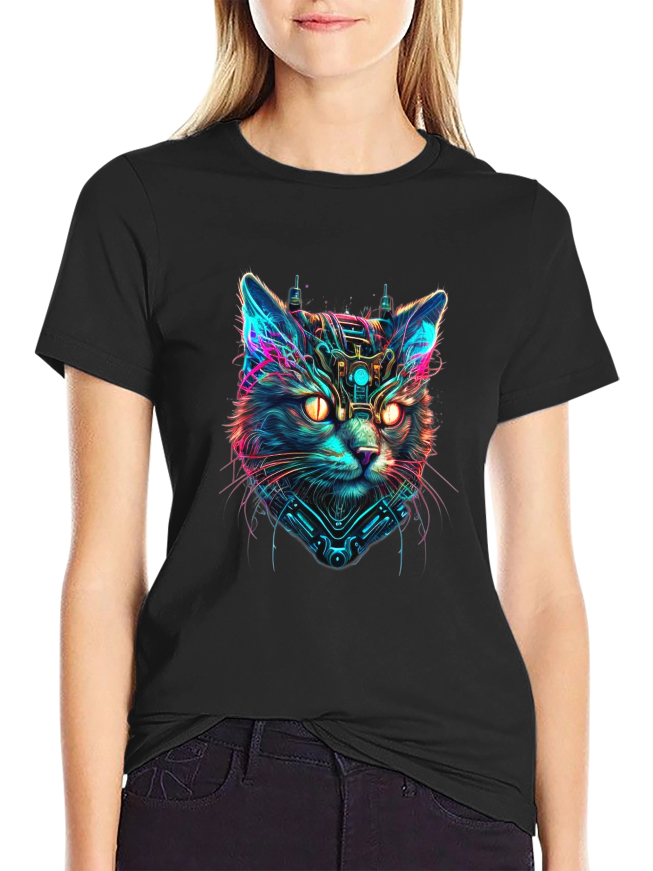 Cyberpunk Cat Graphic Black T-Shirt