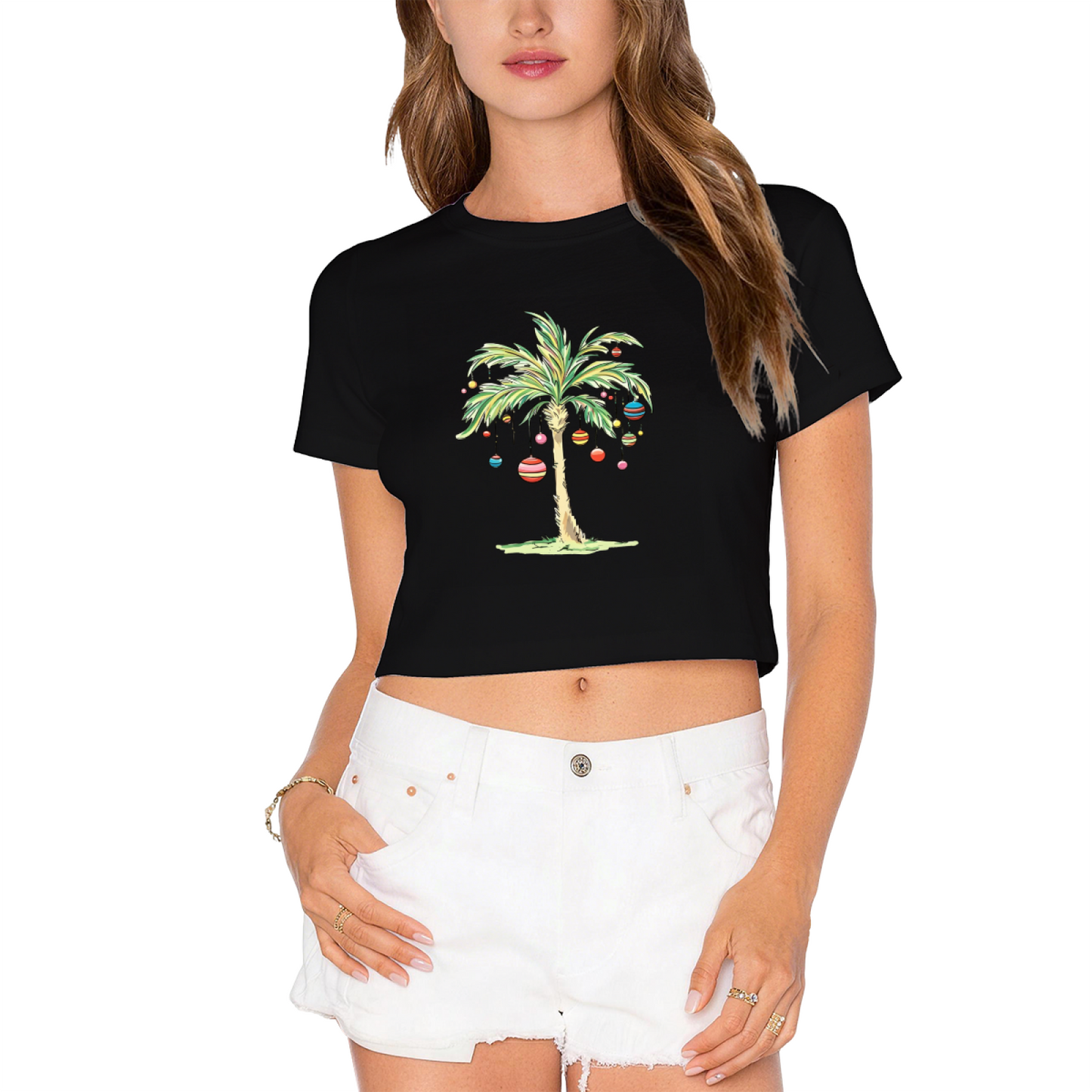 Tropical Christmas Palm Tree Ornament Graphic Crop T?Shirt