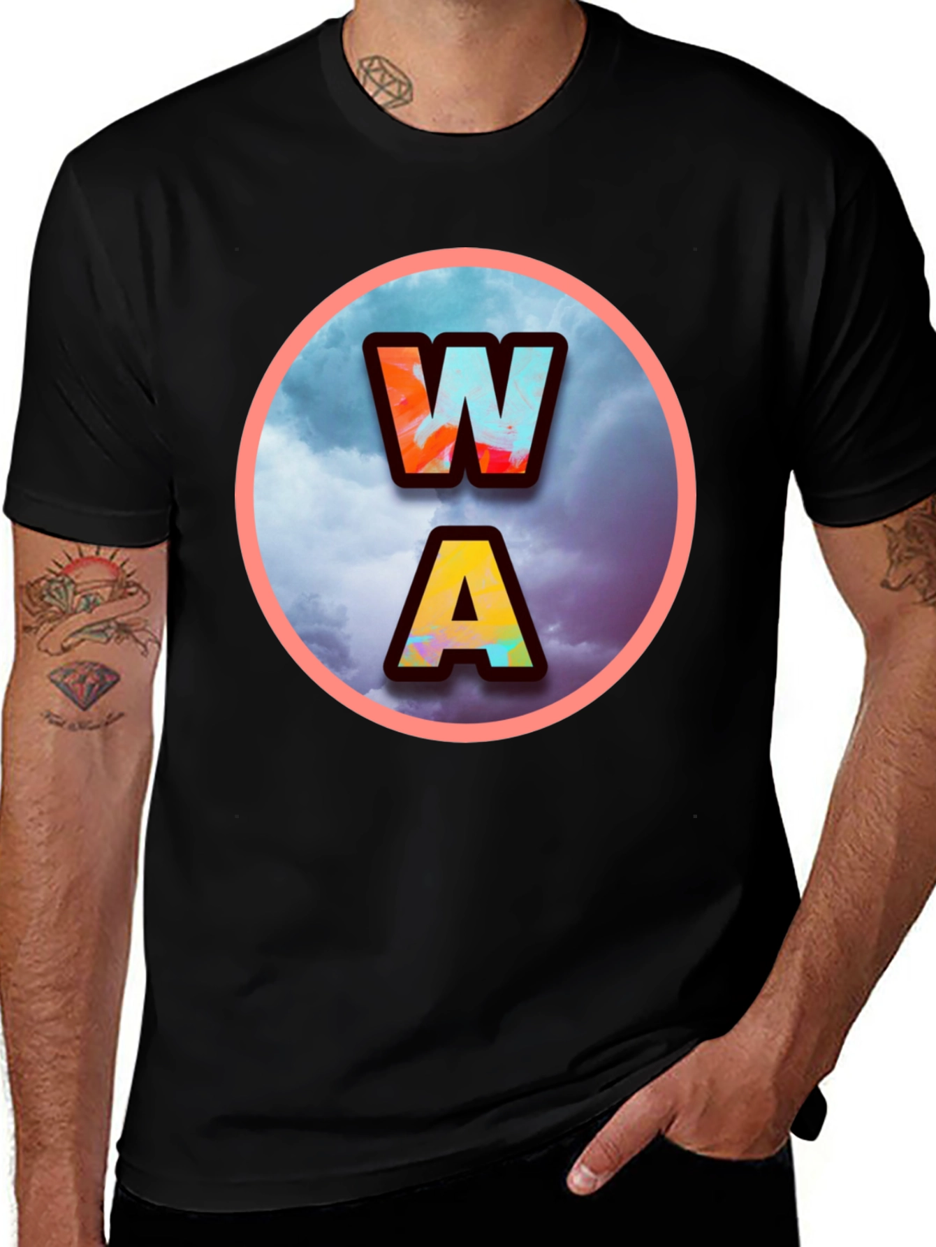 Mens Black WA Letters Graphic Print T-Shirt