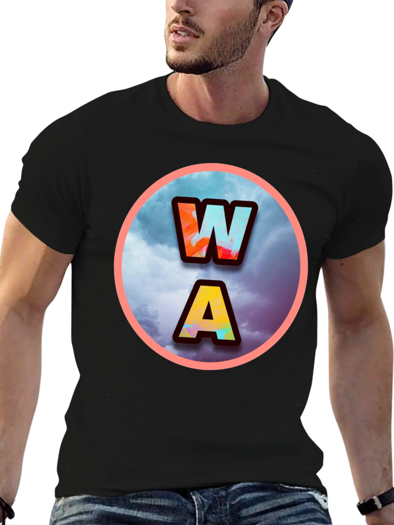 Mens Black WA Letters Graphic Print T-Shirt