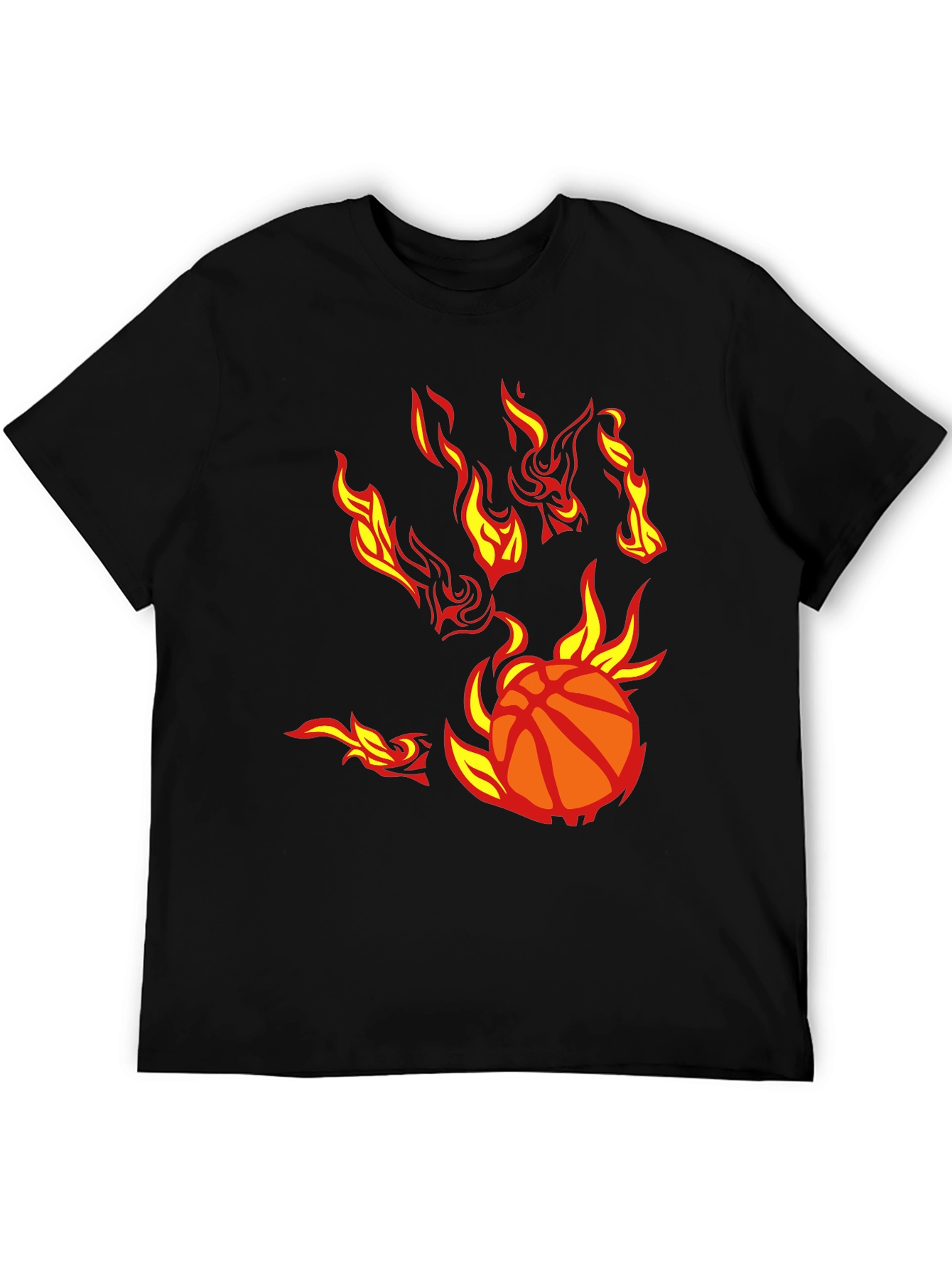 Flaming Basketball Graphic T-Shirt - Black Cotton Tee