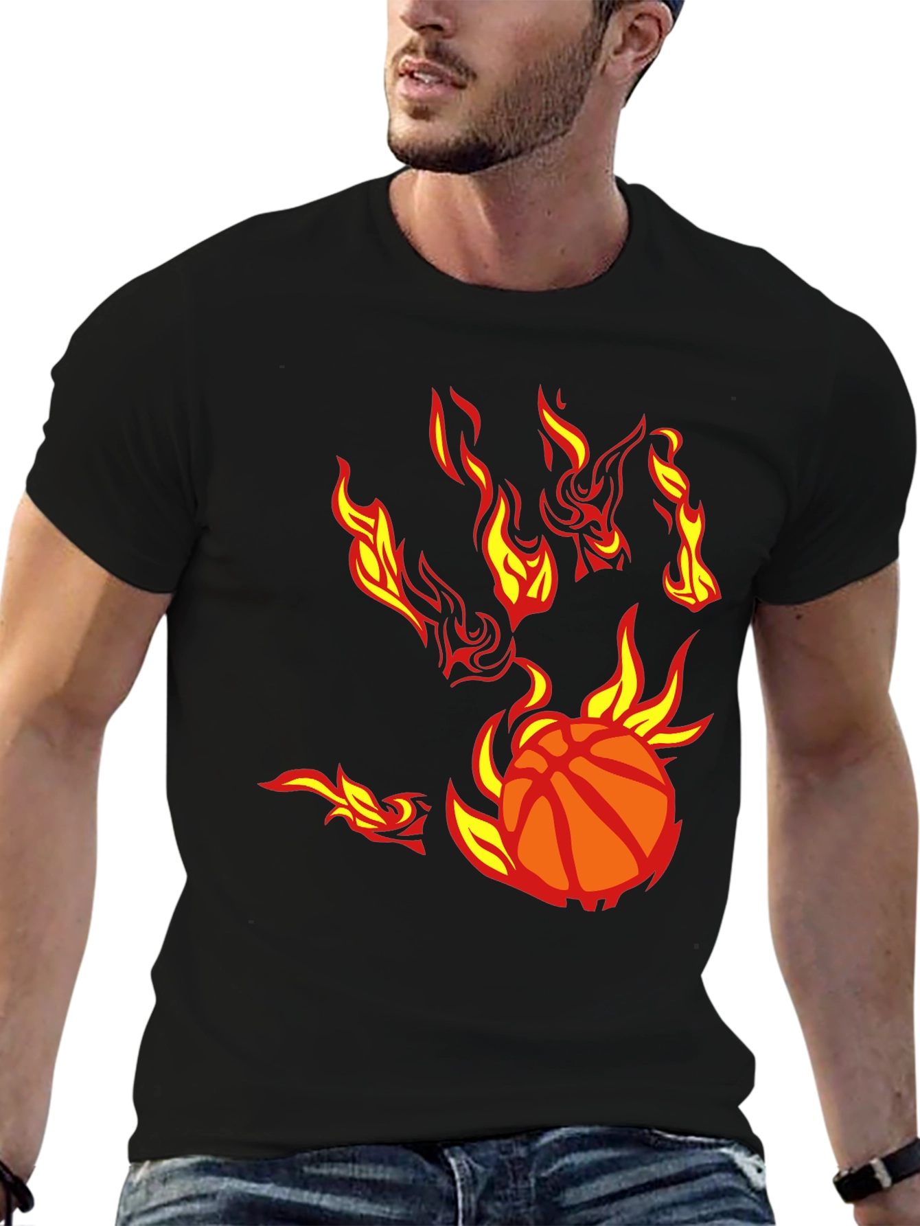 Flaming Basketball Graphic T-Shirt - Black Cotton Tee