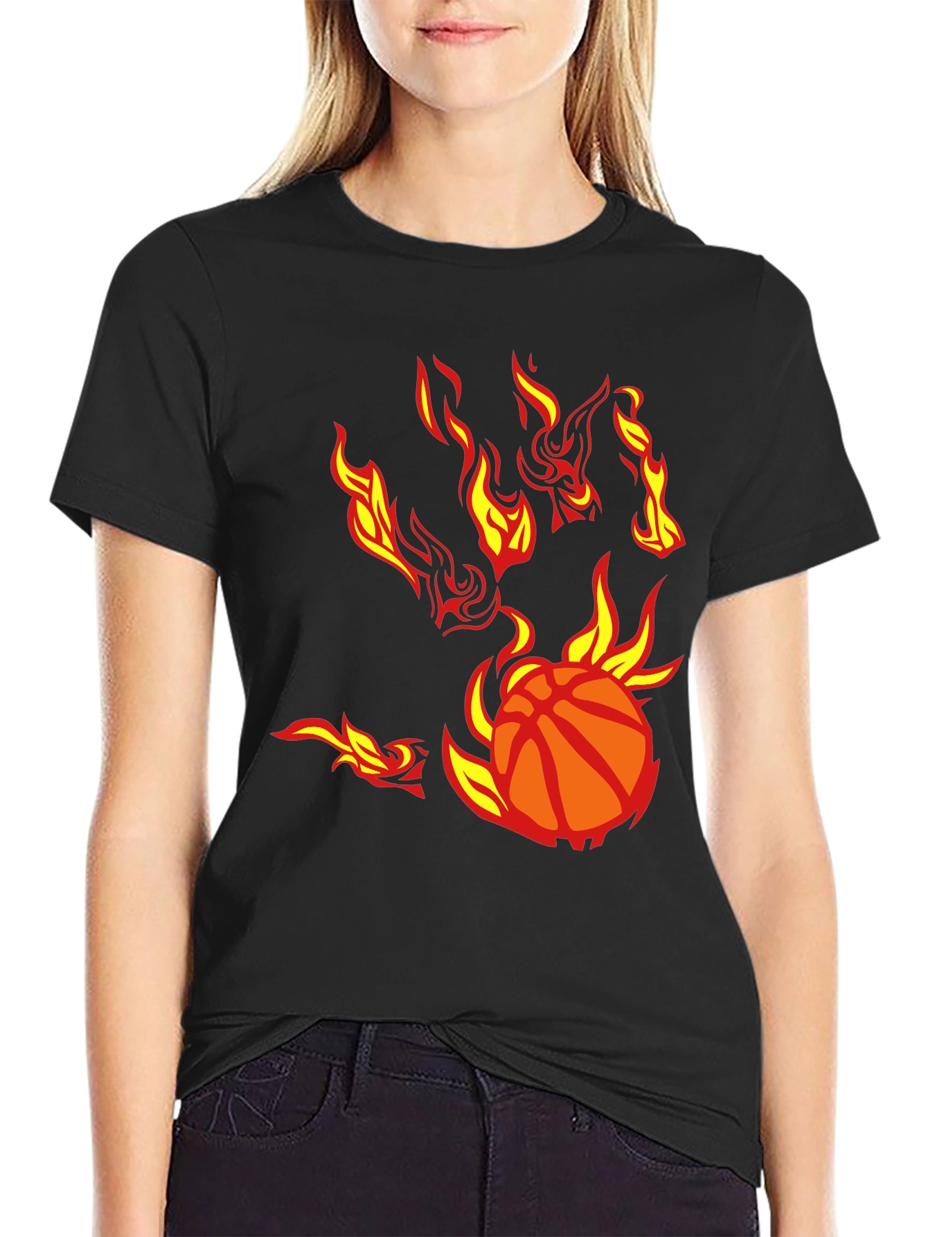 Flaming Basketball Graphic T-Shirt - Black Cotton Tee