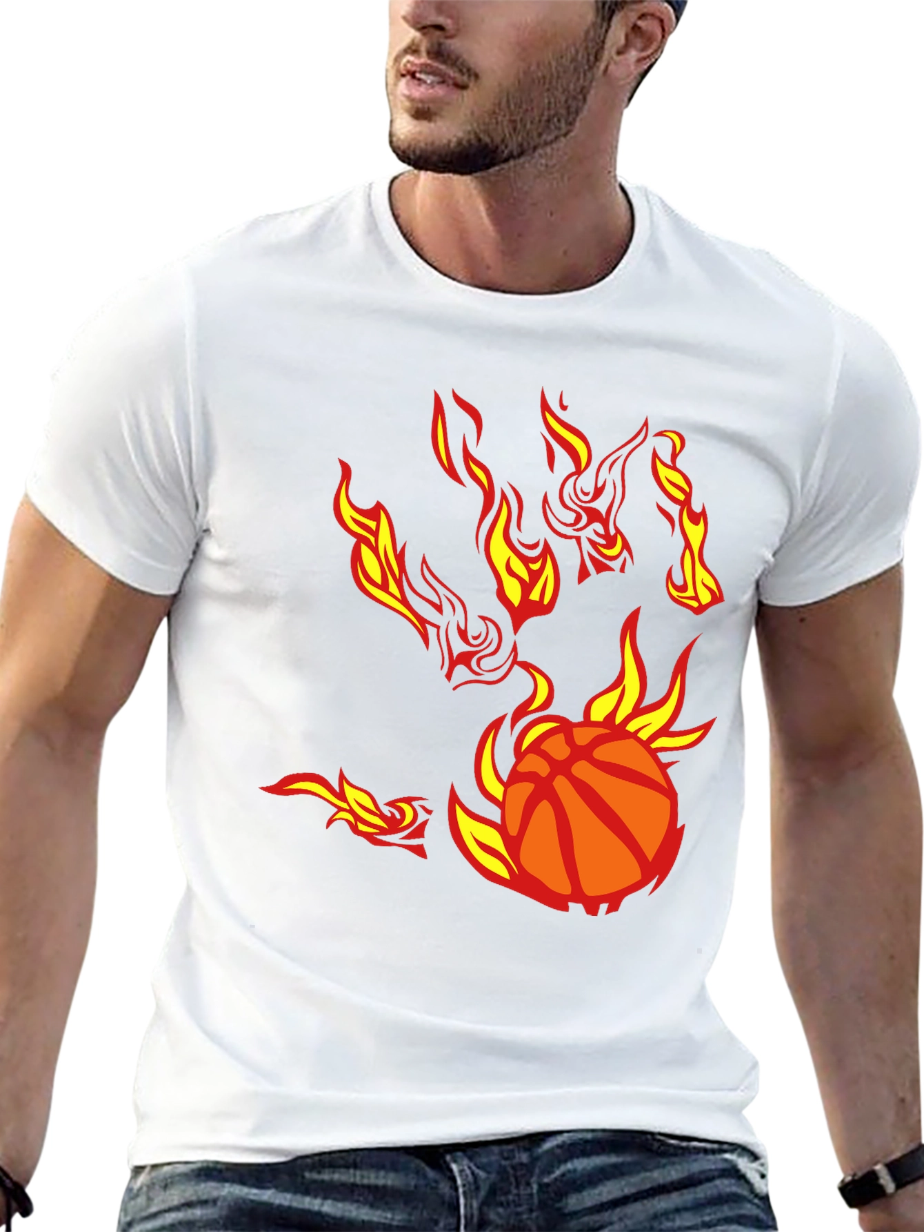 Flaming Basketball Graphic T-Shirt - Black Cotton Tee