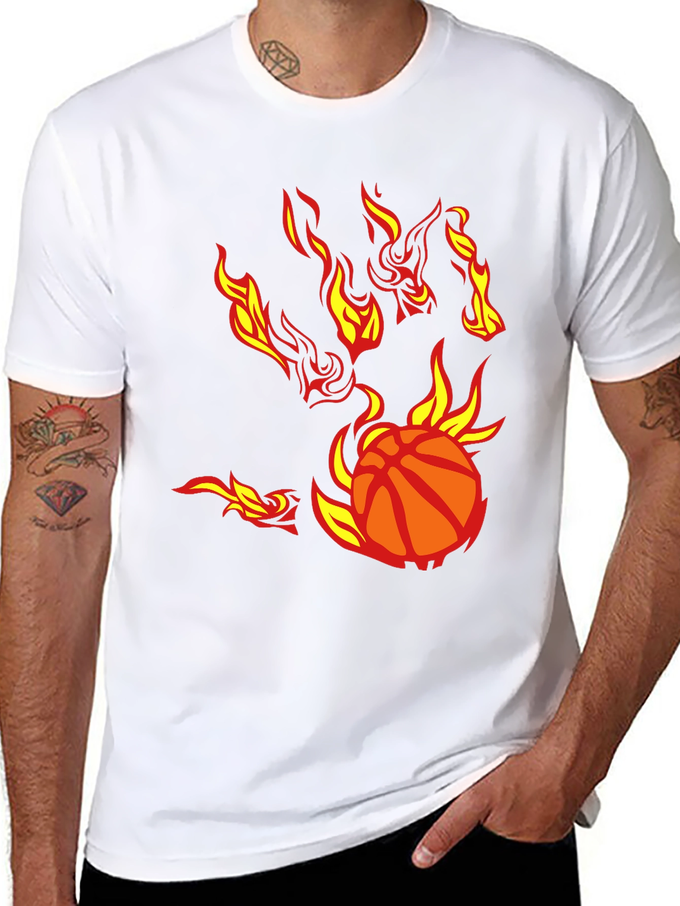 Flaming Basketball Graphic T-Shirt - Black Cotton Tee
