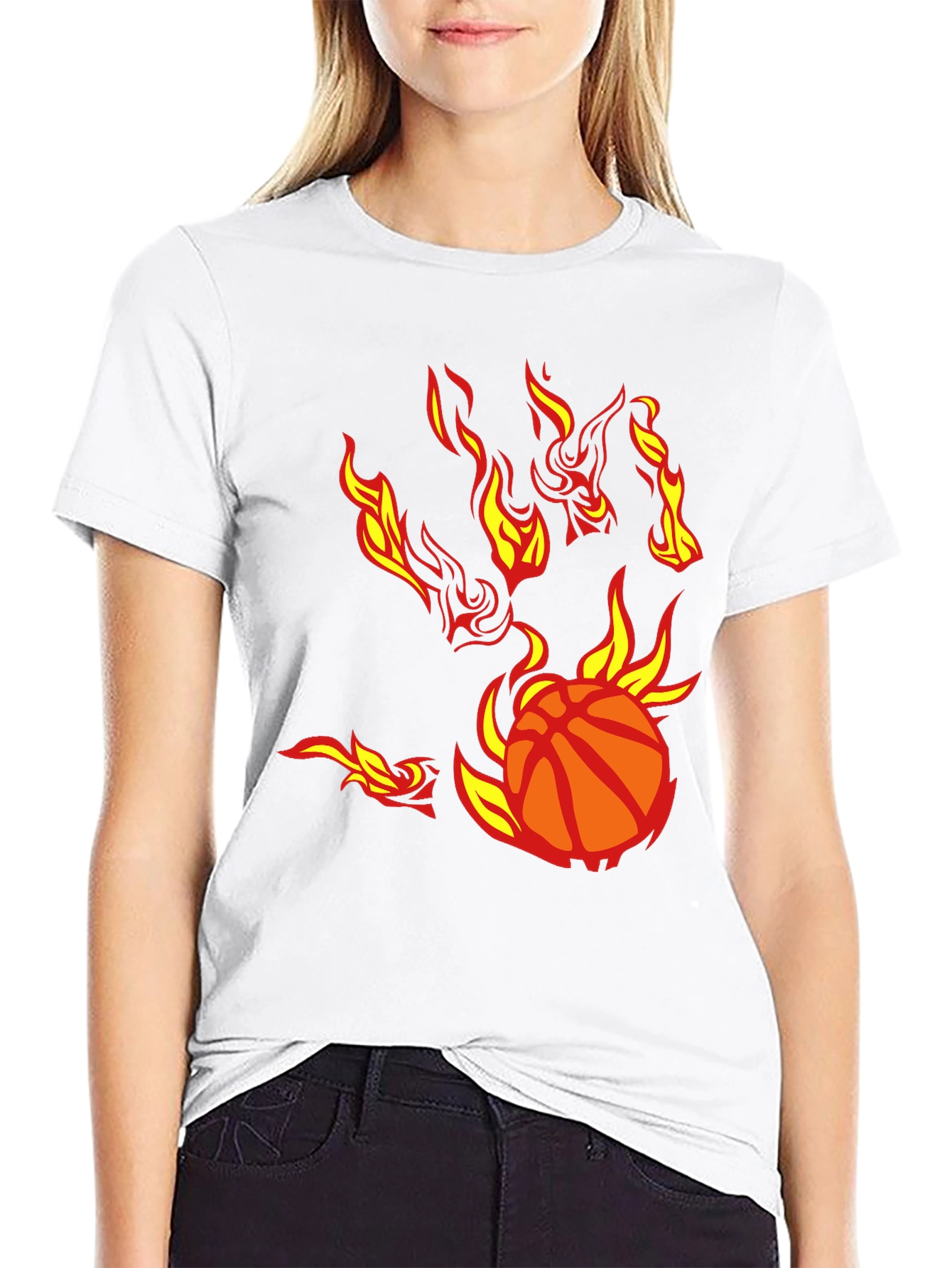 Flaming Basketball Graphic T-Shirt - Black Cotton Tee
