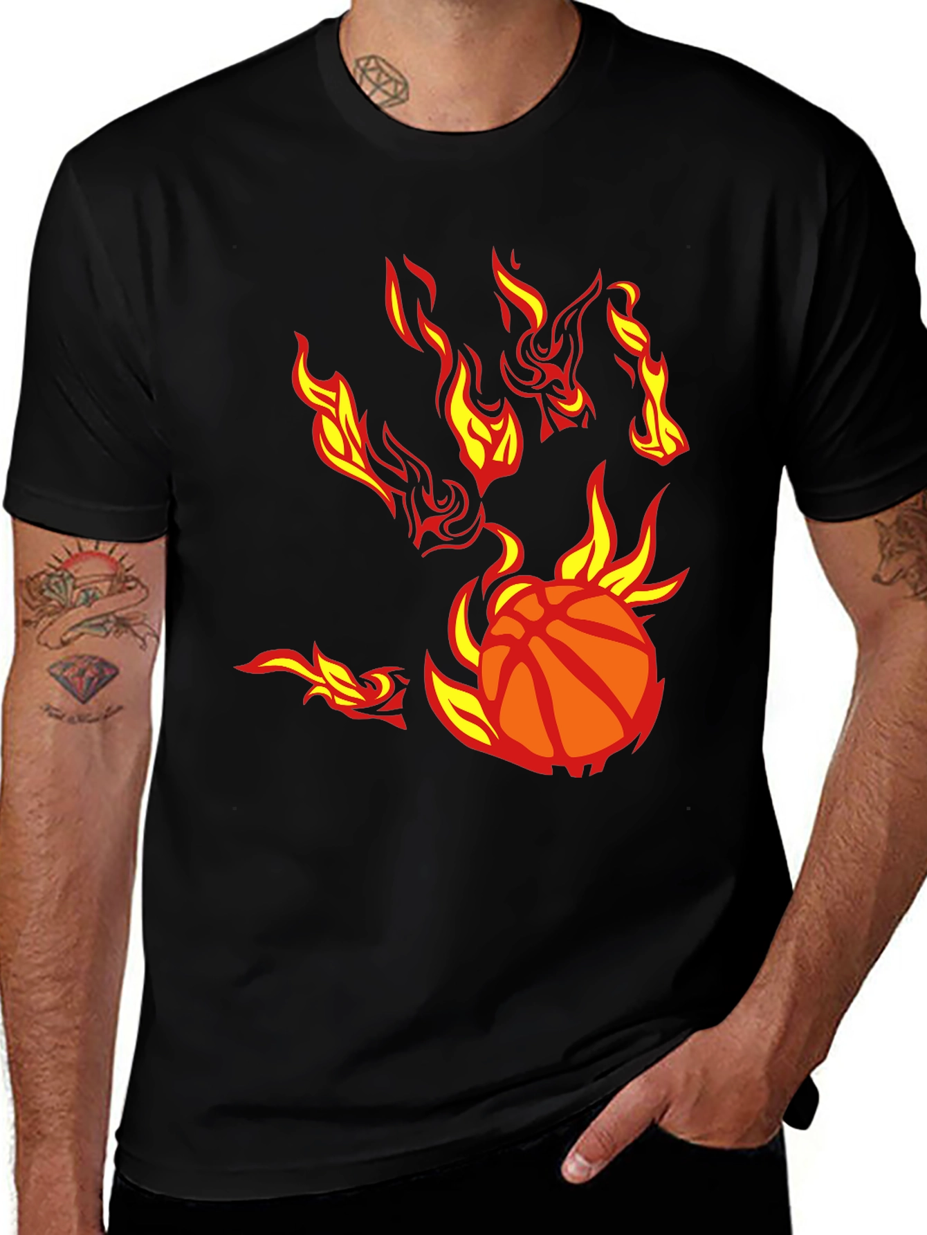 Flaming Basketball Graphic T-Shirt - Black Cotton Tee