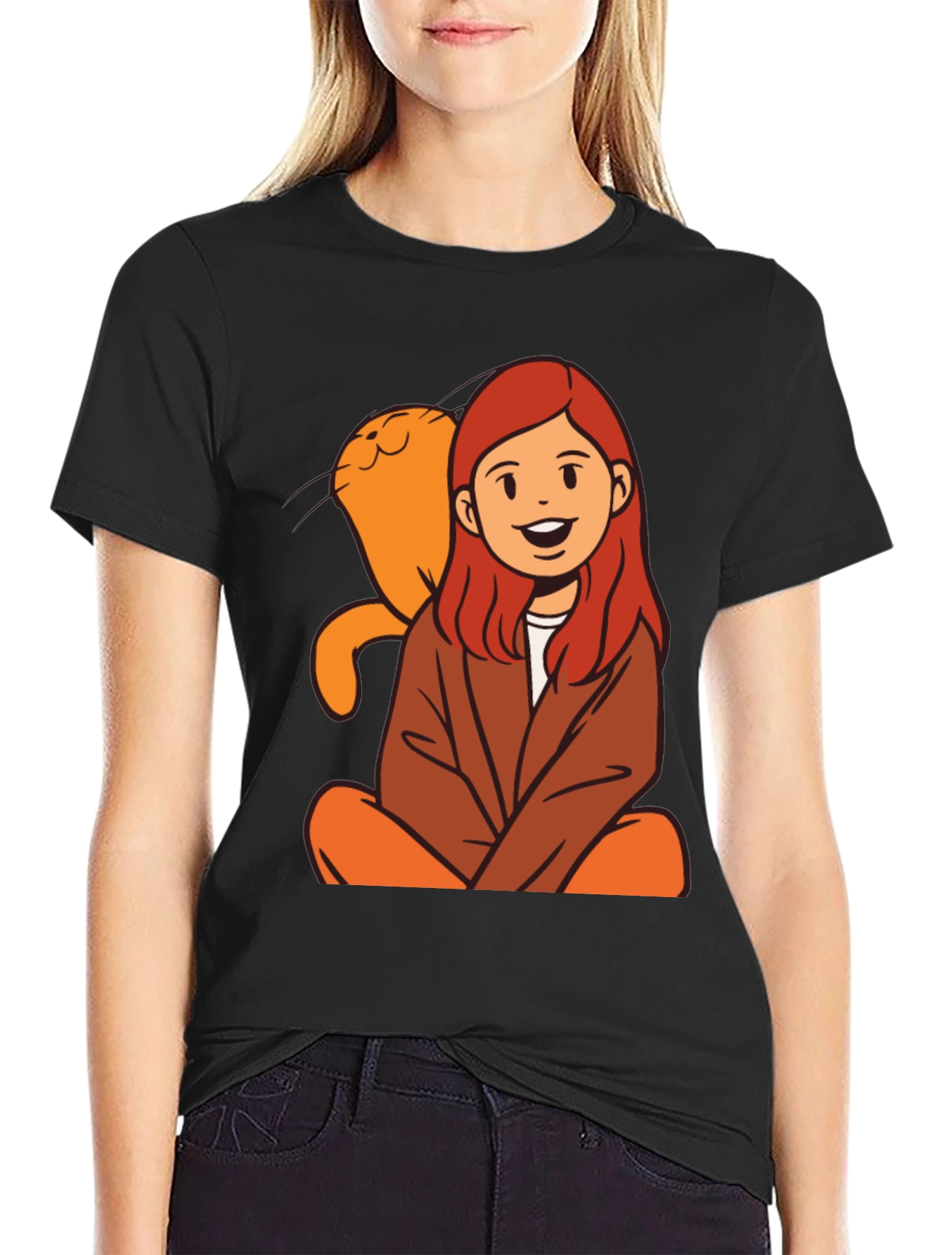 Cartoon Girl & Cat Graphic Black T-Shirt