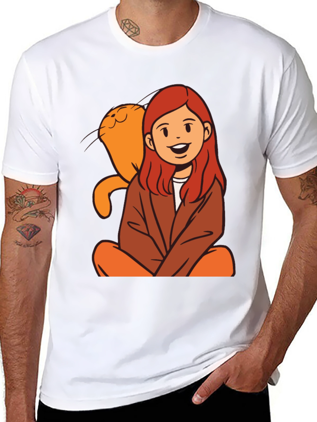 Cartoon Girl & Cat Graphic Black T-Shirt