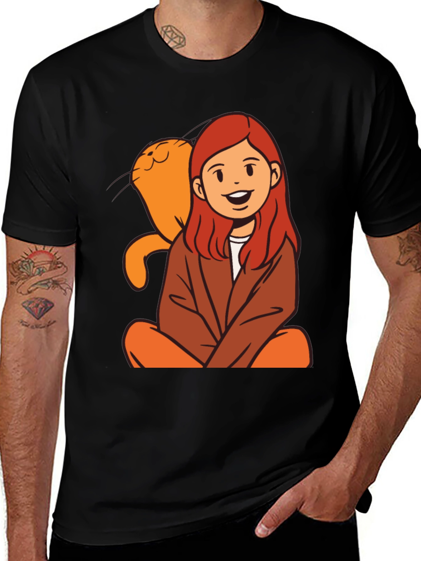 Cartoon Girl & Cat Graphic Black T-Shirt