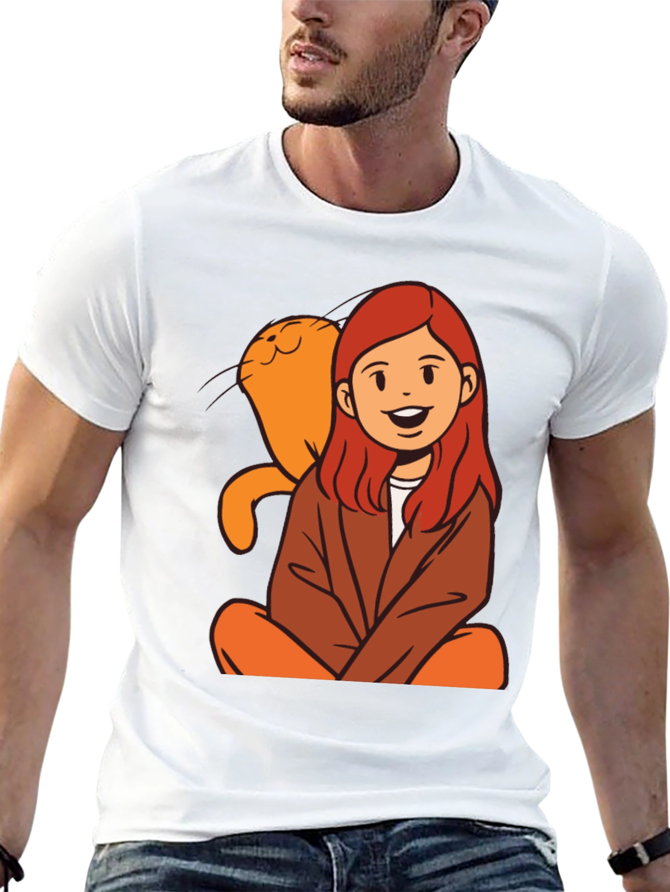 Cartoon Girl & Cat Graphic Black T-Shirt