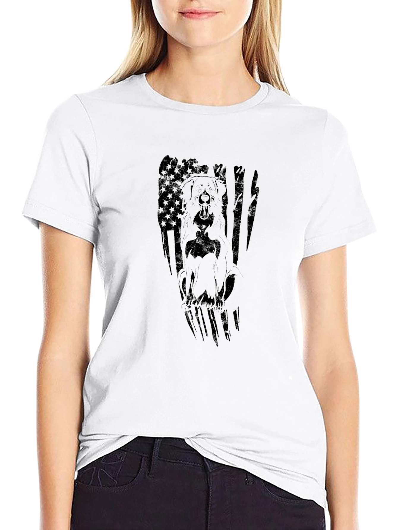 Dog American Flag Graphic Print Black T-Shirt