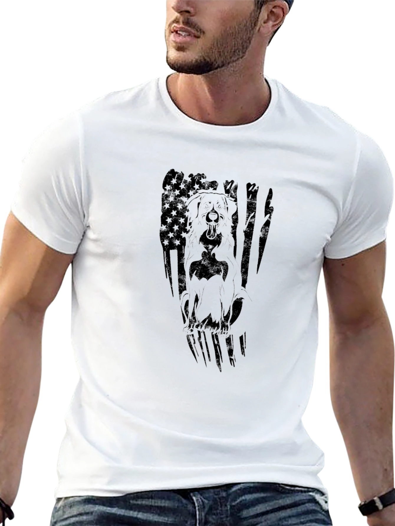 Dog American Flag Graphic Print Black T-Shirt