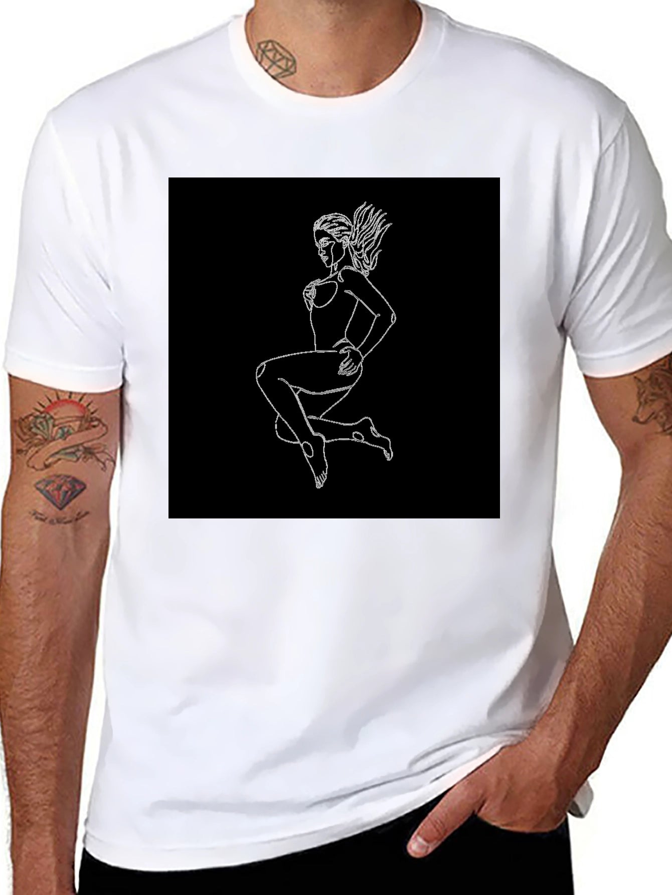 Black T-Shirt with Graphic Print - Woman Outline