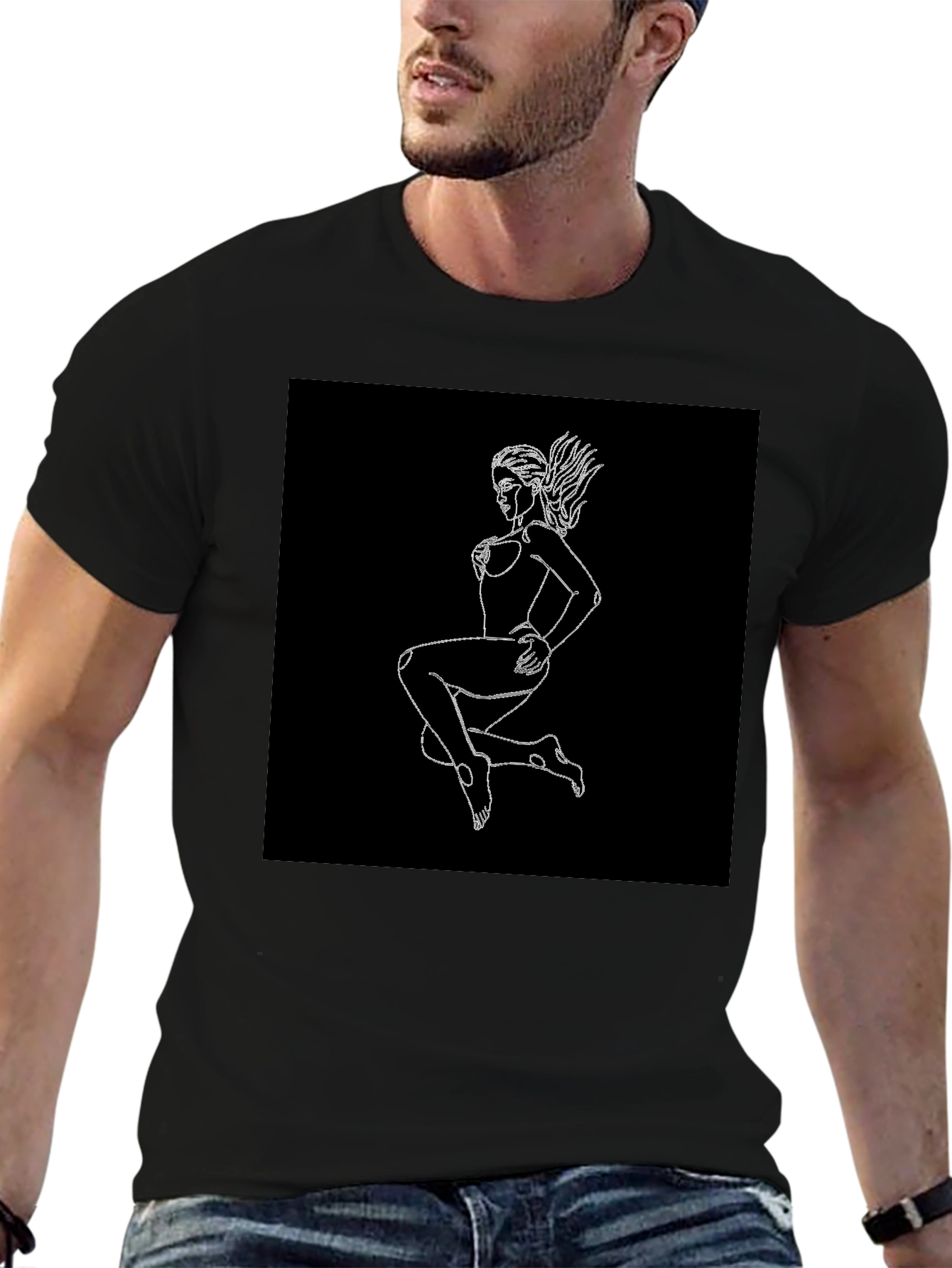 Black T-Shirt with Graphic Print - Woman Outline