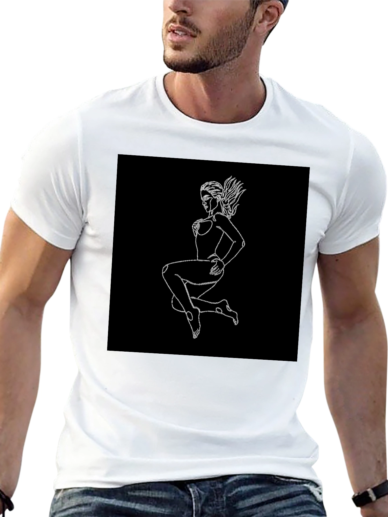 Black T-Shirt with Graphic Print - Woman Outline