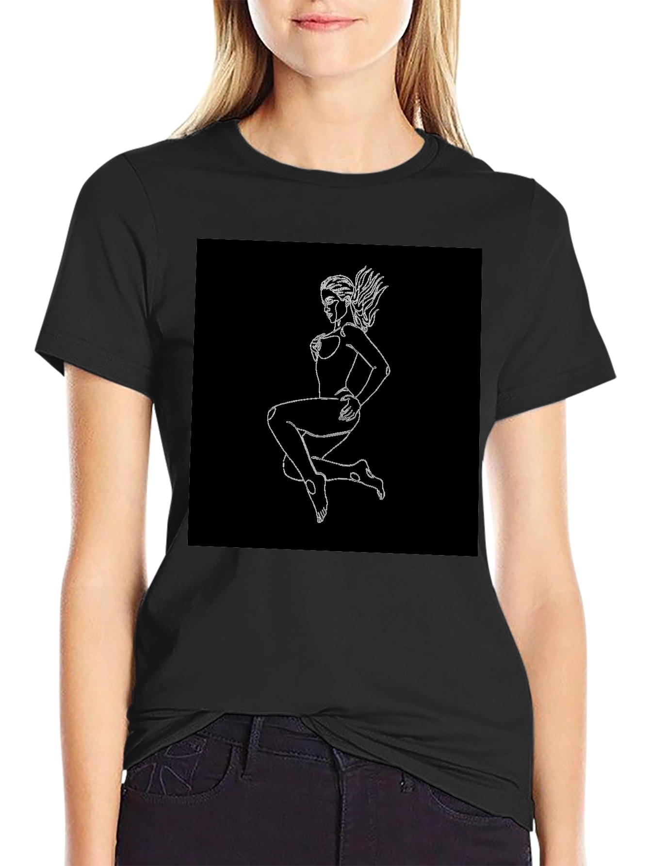 Black T-Shirt with Graphic Print - Woman Outline