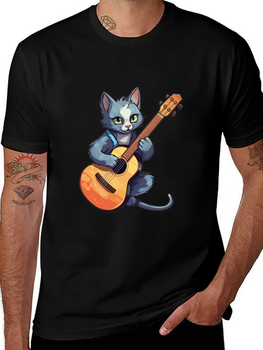 Cat Guitarist T-Shirt - Black Cotton Tee