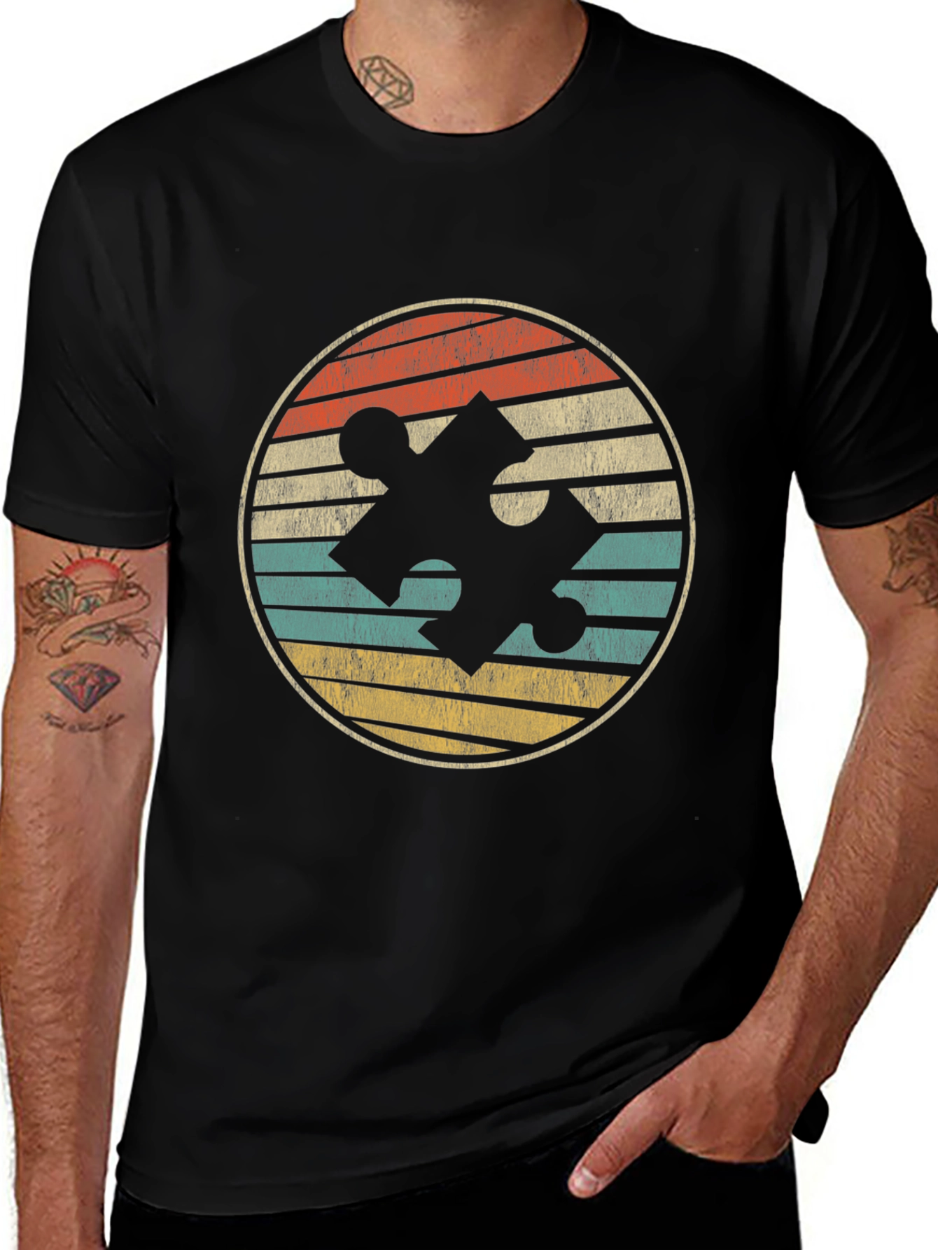 Retro Puzzle Piece Graphic Tee - Black