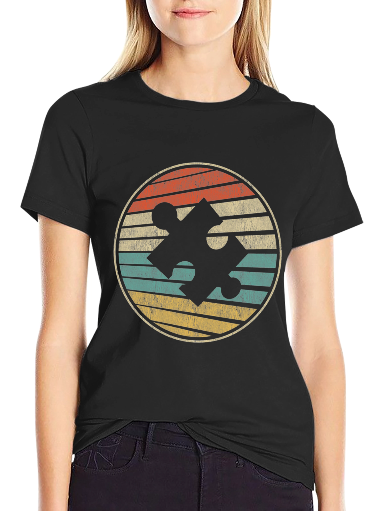 Retro Puzzle Piece Graphic Tee - Black