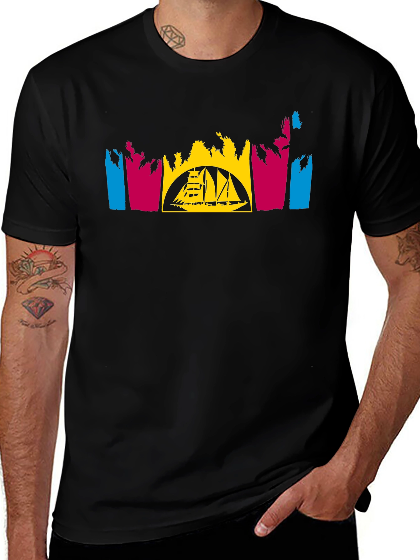 Tropical Sailboat T-Shirt - Black