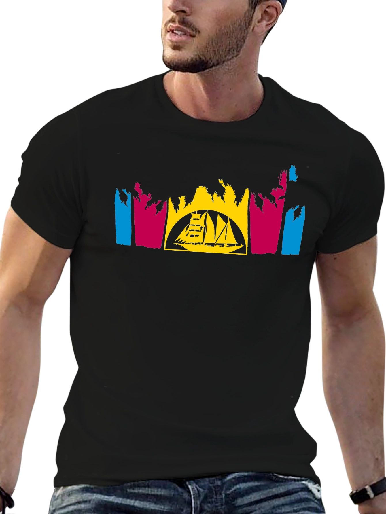Tropical Sailboat T-Shirt - Black